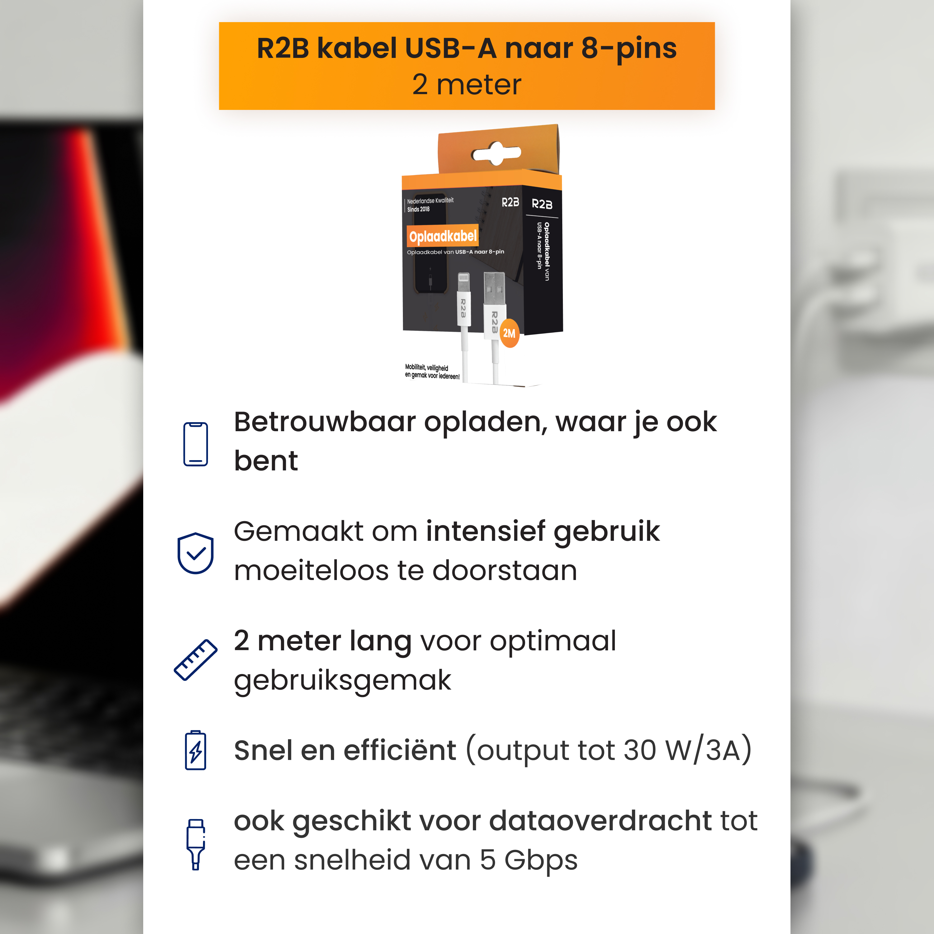 Câble R2B USB-A vers 8 broches, 2m de long, pour une charge fiable et un transfert de données rapide.