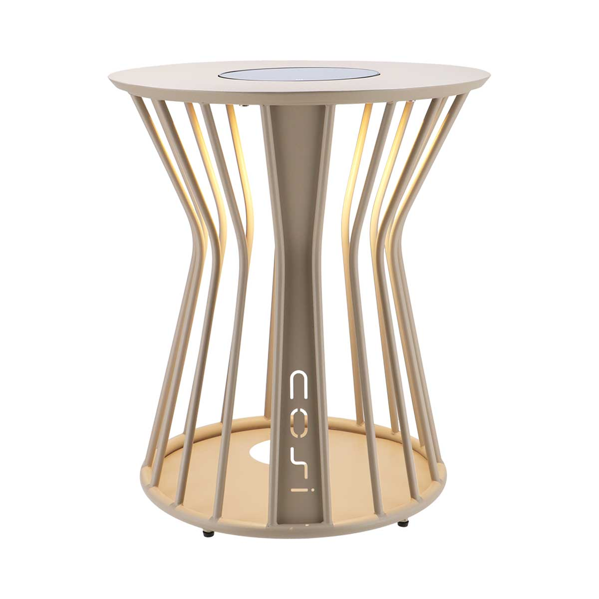 A light-colored tall table with curved legs and built-in lighting.