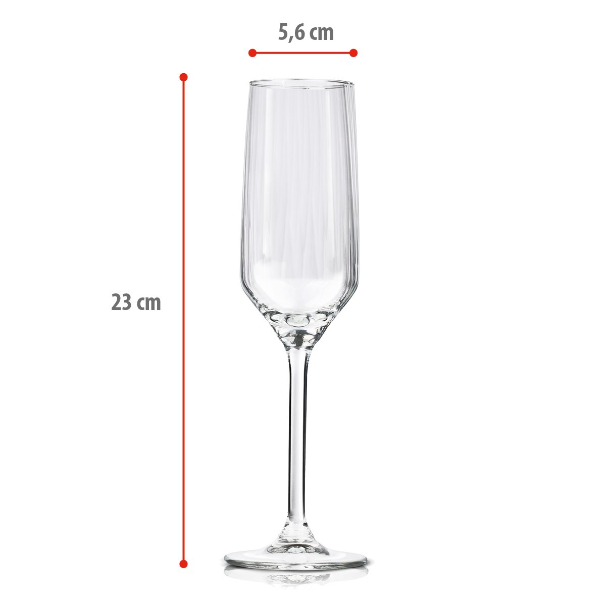 A clear wine glass with ribbed texture, 23 cm tall and 5.6 cm wide.