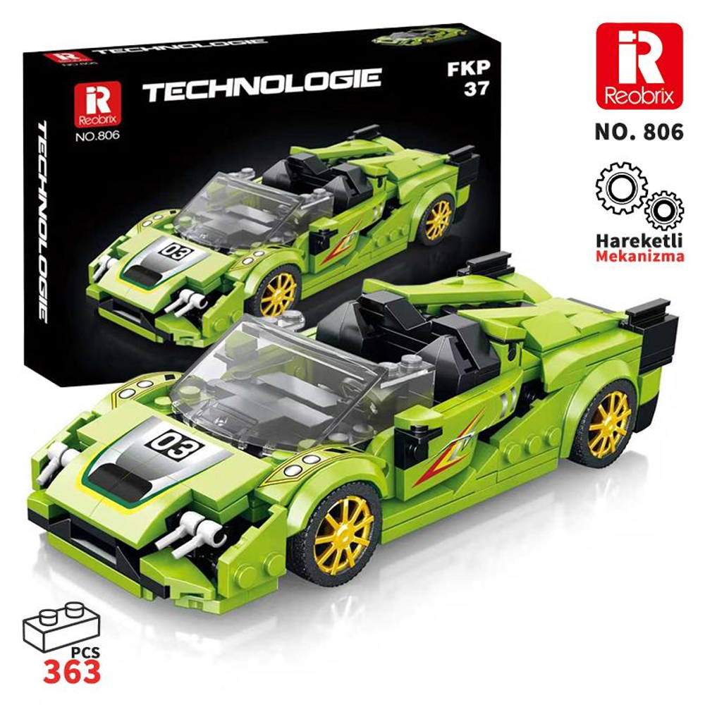 Sarı tekerlekli, üzerinde '03' yazan yeşil Lego spor araba.