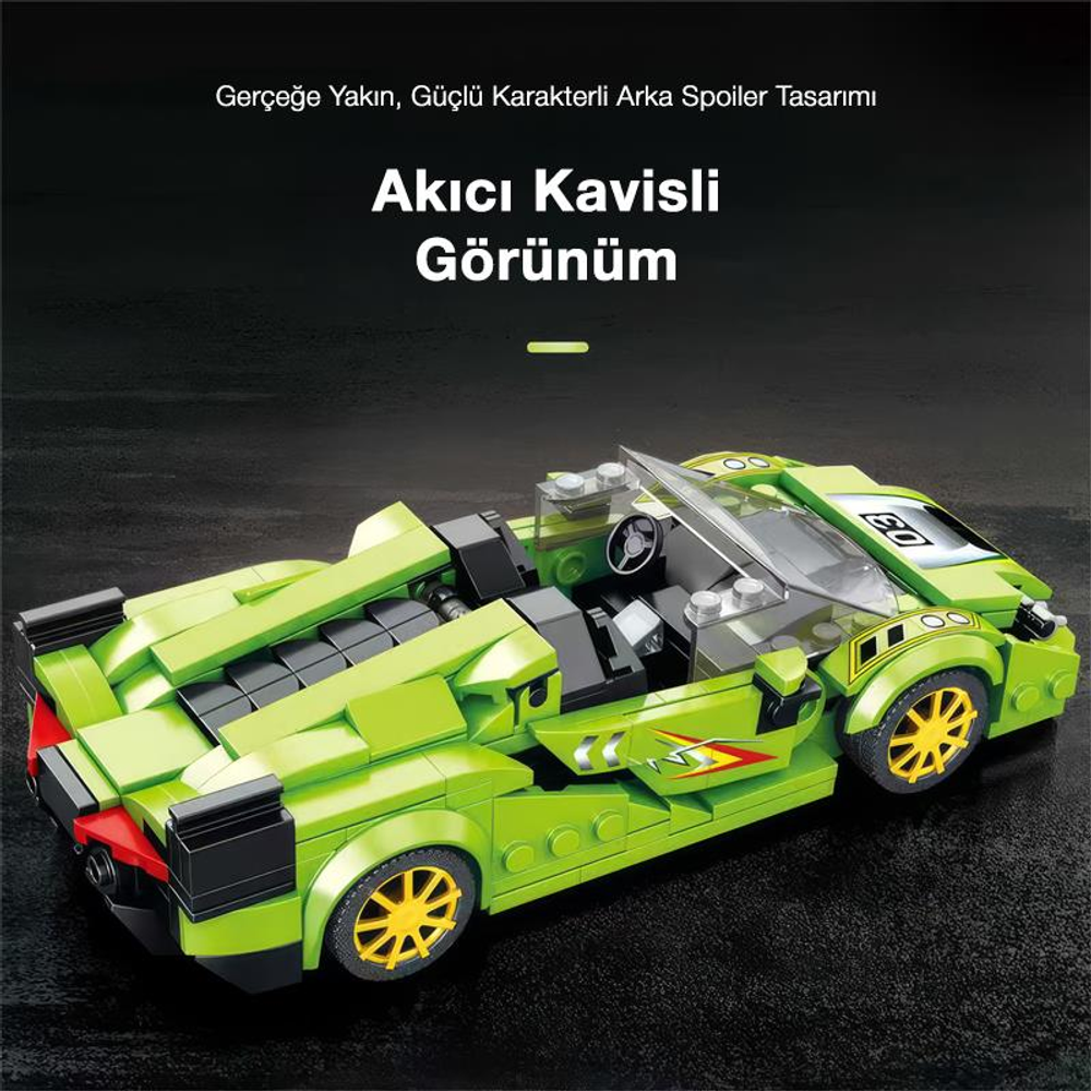 Sarı tekerlekli ve şeffaf ön camlı yeşil Lego spor araba.