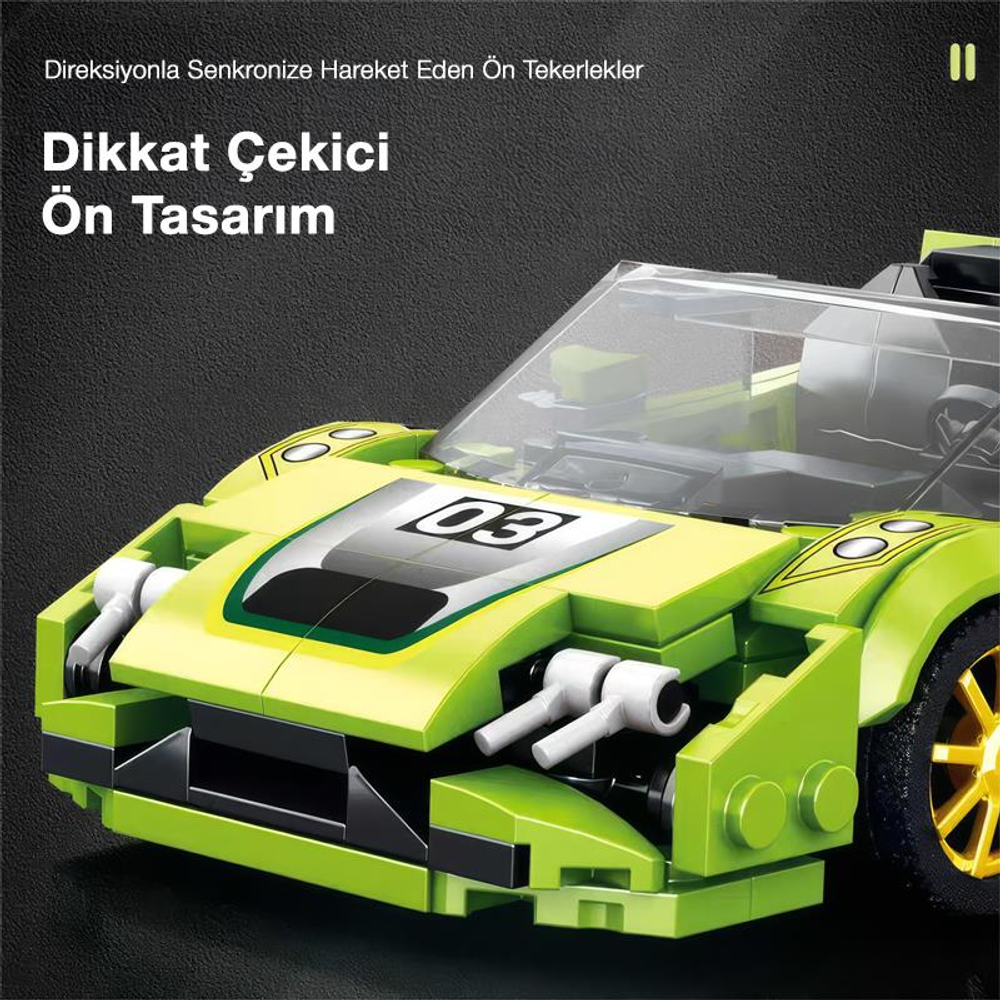 Kaputunda 03 numarası olan parlak yeşil Lego spor araba modeli.