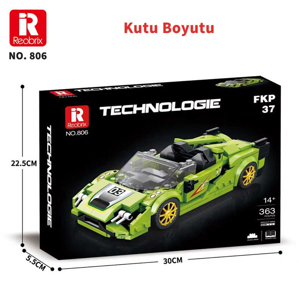 Yeşil Technic oyuncak araba yapım kiti, ürün bilgilerini içeren siyah kutuda.