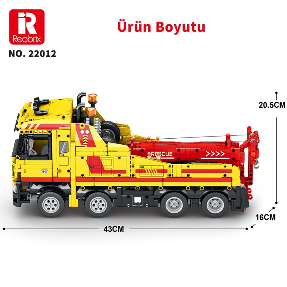 Sarı ve kırmızı kurtarma çekici modeli, 43cm uzunluk, 20.5cm yükseklik, 16cm genişlik.
