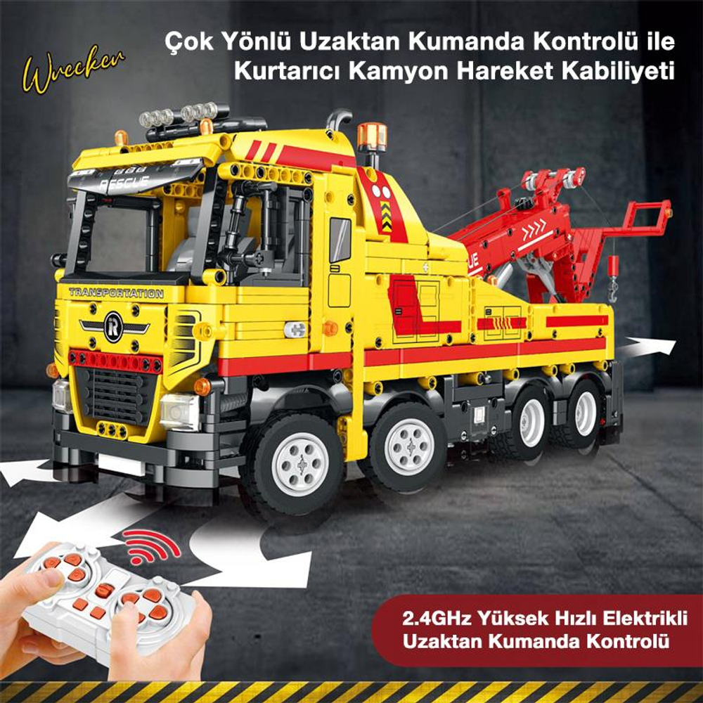 Kırmızı vinçli sarı uzaktan kumandalı çekici ve kumandası.