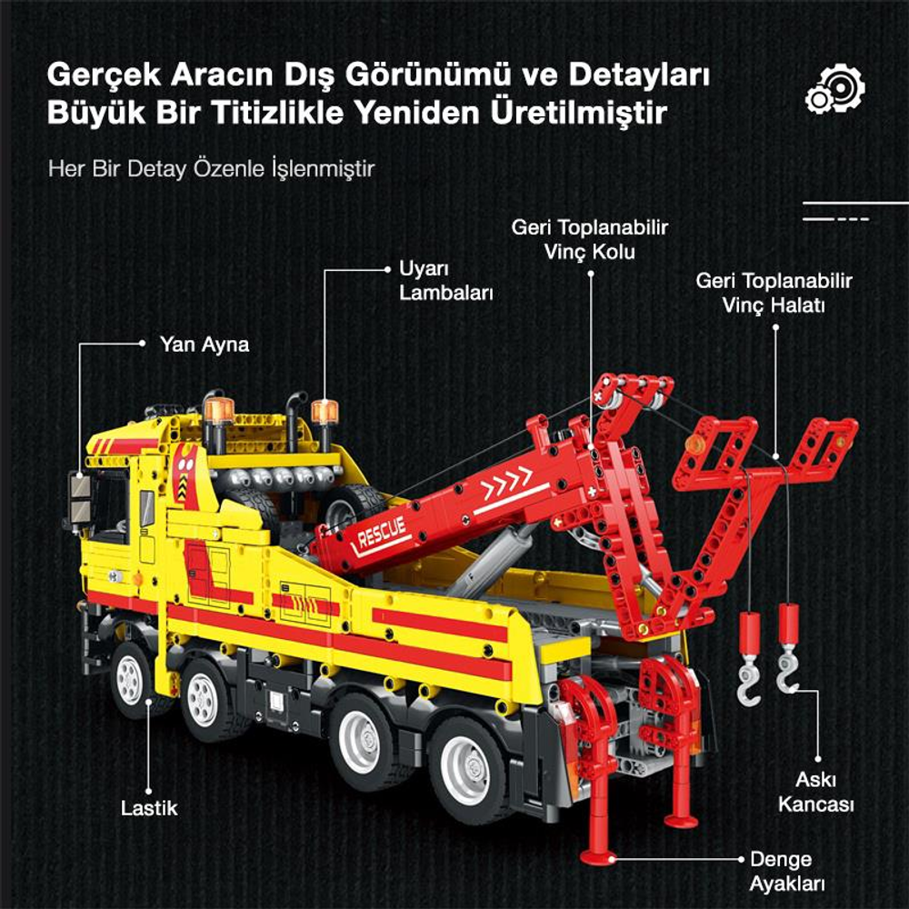 Sarı ve kırmızı çekici modeli, lastikler ve vinç gibi parçaları gösteren etiketlerle.