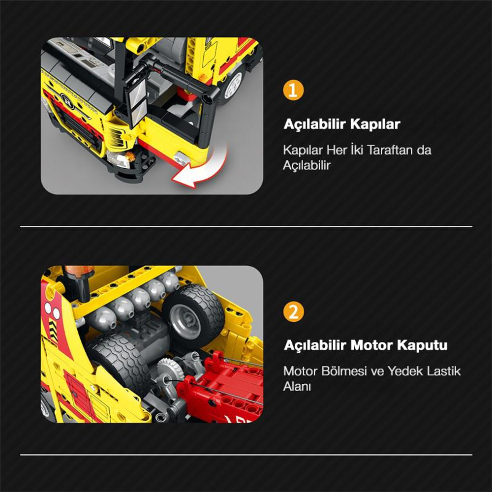Açılır kapılı ve motor kapaklı sarı oyuncak kamyon.