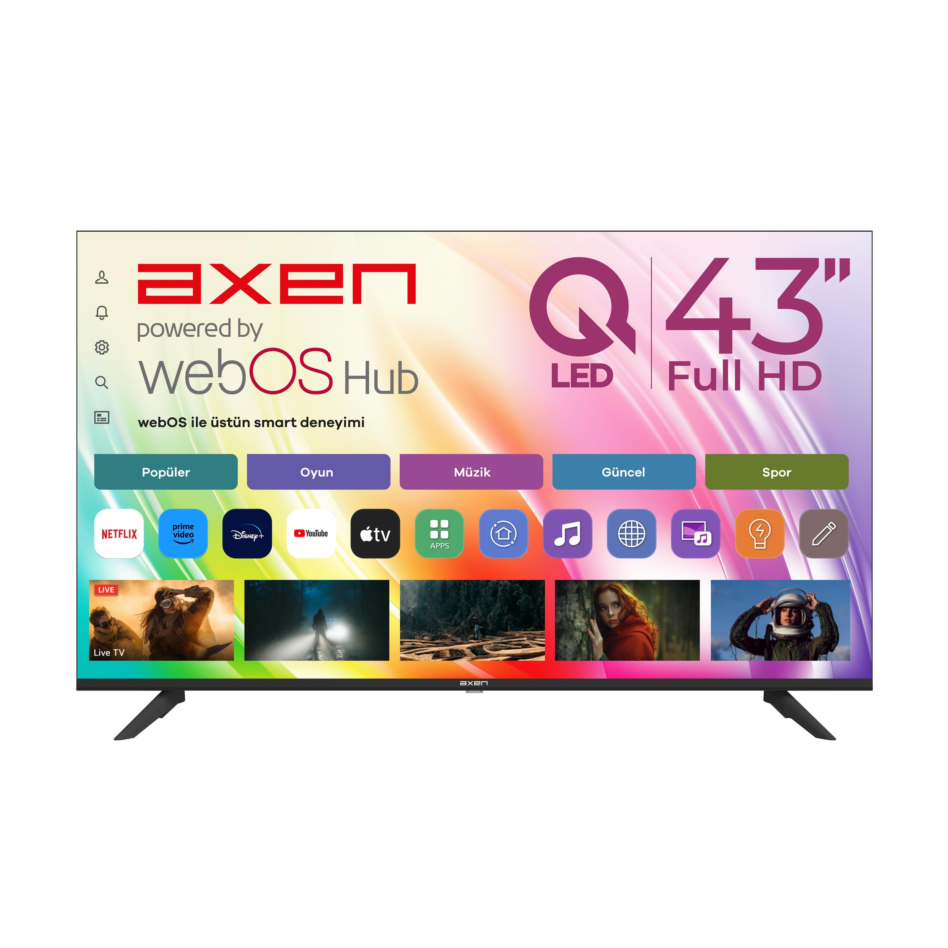 Axen 43 inç Full HD Smart TV, WebOS Hub ve uygulama simgeleri.