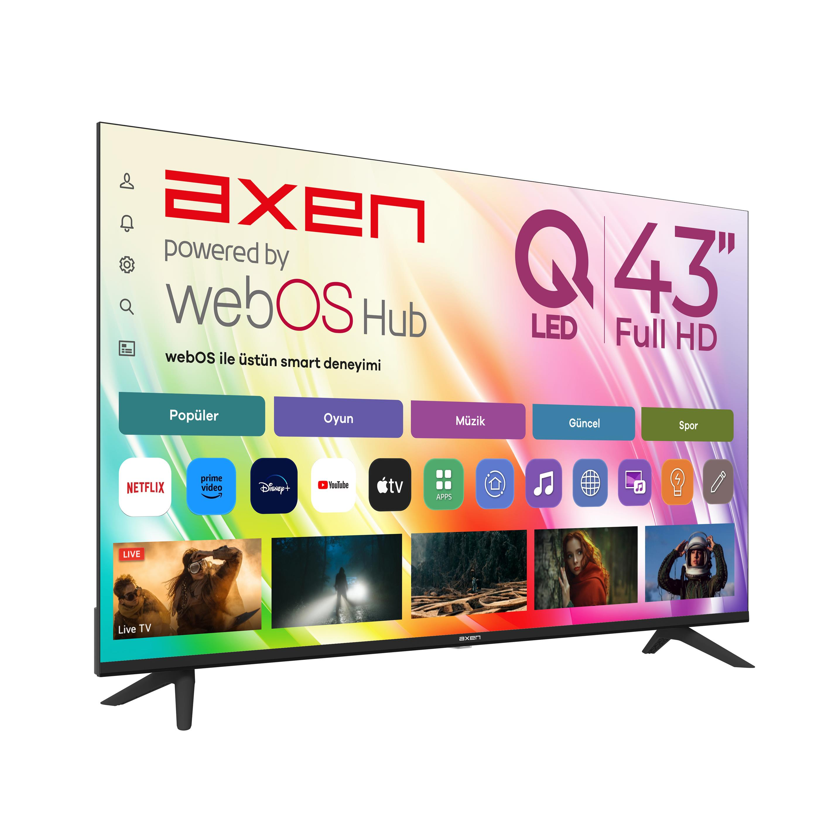 webOS Hub destekli 43 inç Axen akıllı TV, uygulama simgeleri gösteriyor.