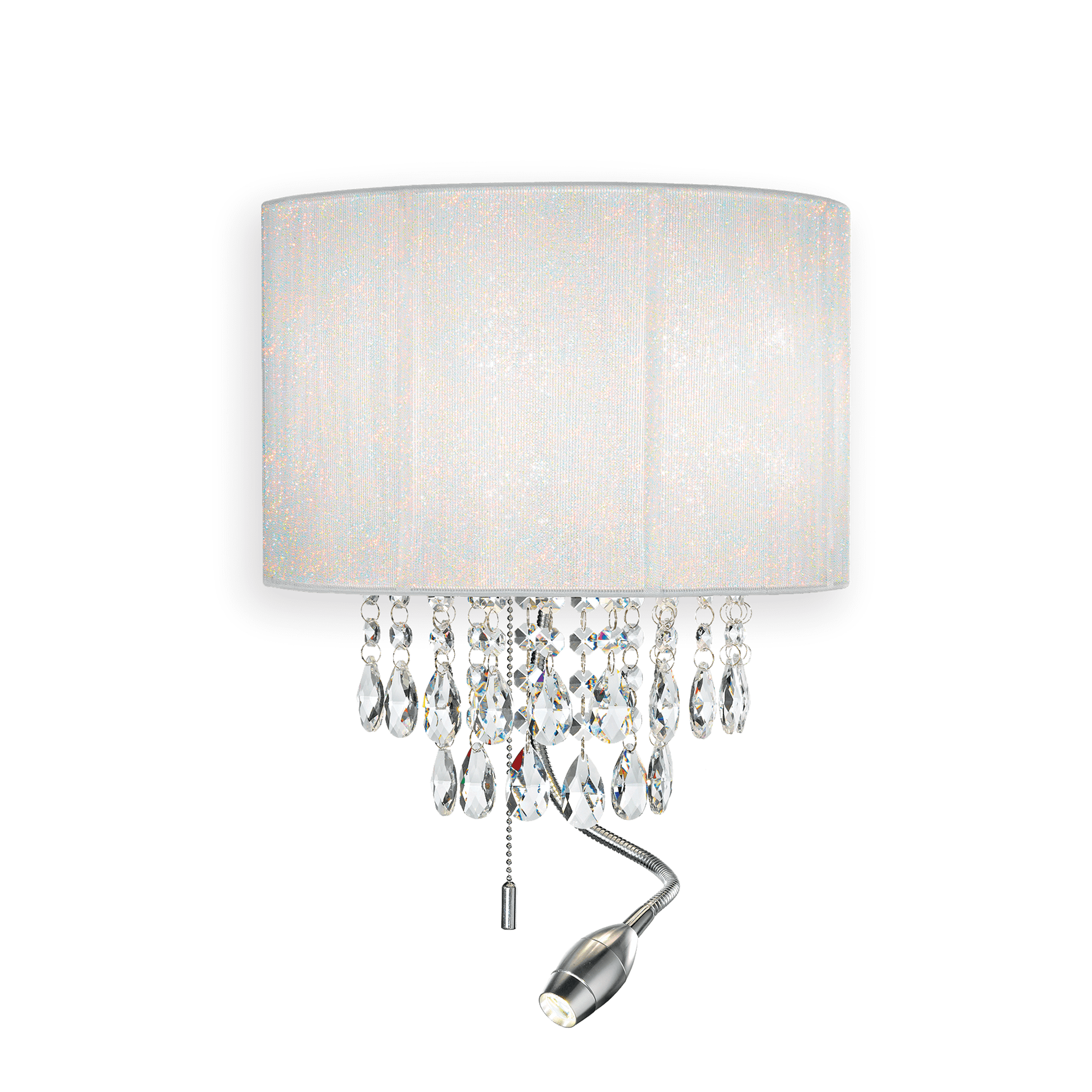 Applique da parete bianca con paralume, gocce di cristallo e braccio LED flessibile.
