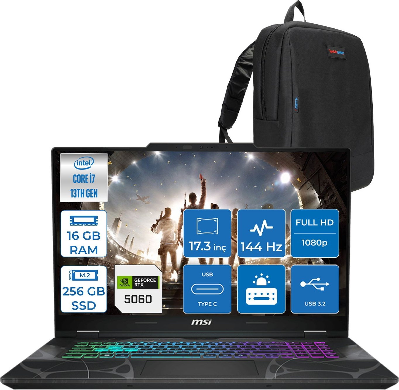 MSI Cyborg 17 RTX5060 8 GB 144 Hz IPS B13WFKG210XTRF01 Intel Core i7-13620H 16 GB RAM 256 GB SSD 17,3 inç FreeDOS Laptop+Çanta Siyah