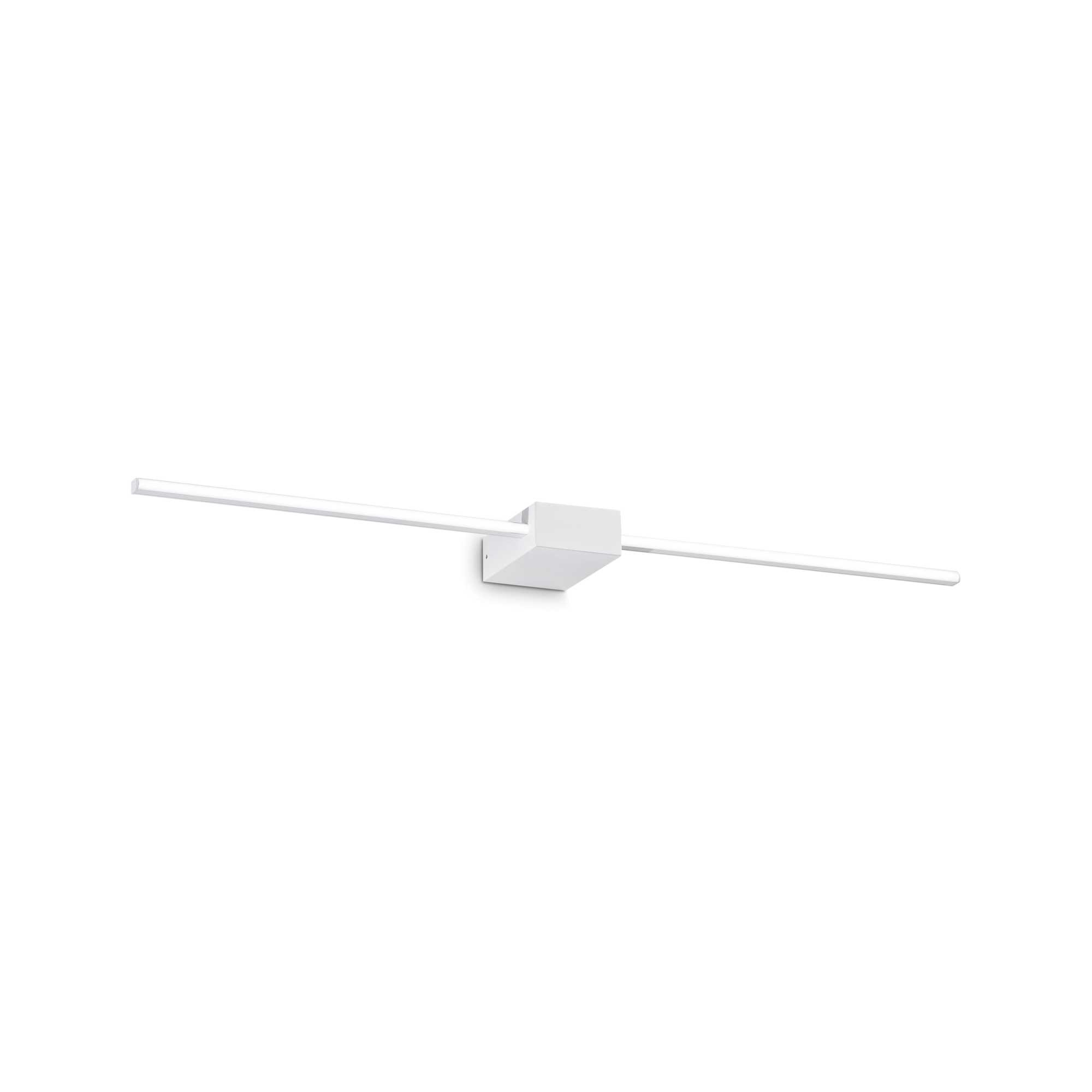 Lampada da parete bianca con centro rettangolare e due barre luminose orizzontali.