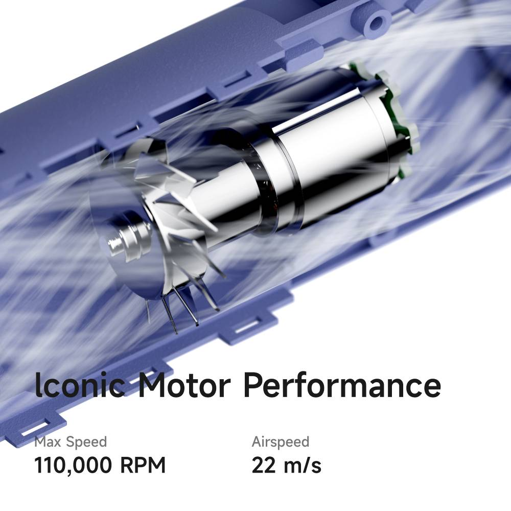 Ein blauer Lüftermotor mit 110.000 U/min und 22 m/s Luftgeschwindigkeit.