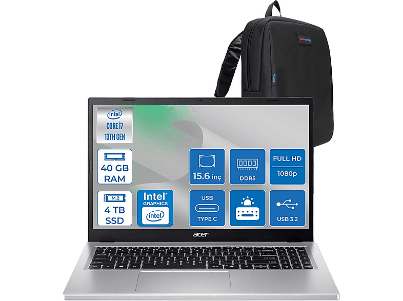 ACER Aspire Go 15 FHD 1920x1080 IPS NXJ6SEY001F20 Intel Core i7-13620H 40 GB RAM 4 TB SSD 15,6 inç FreeDOS Laptop+Çanta Gri