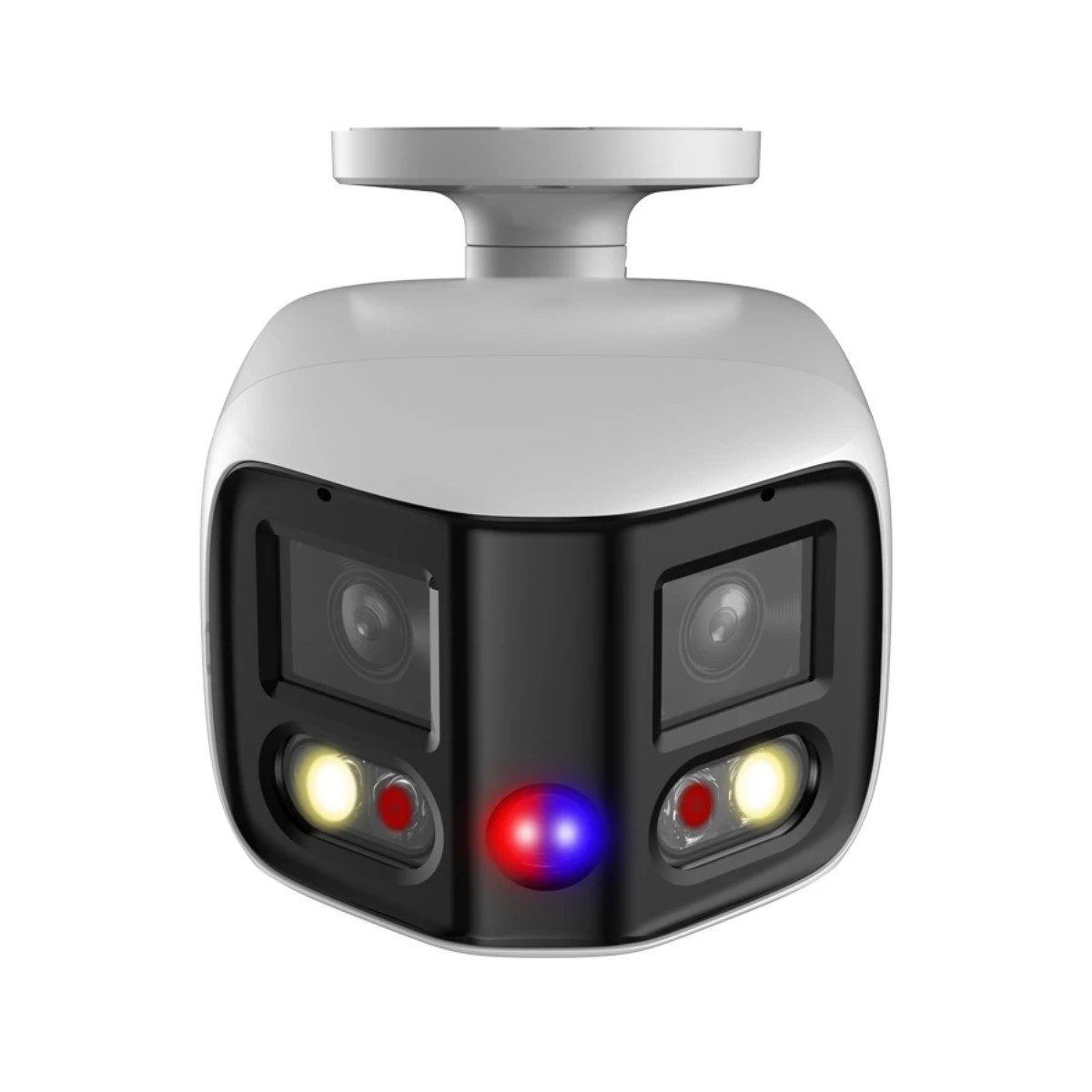 Cámara de seguridad blanca con dos lentes, luces y un LED rojo/azul.