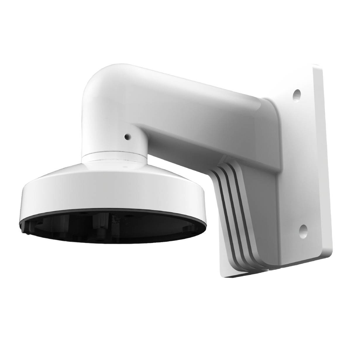 Supporto a muro per telecamera bianco con braccio girevole e base rotonda.