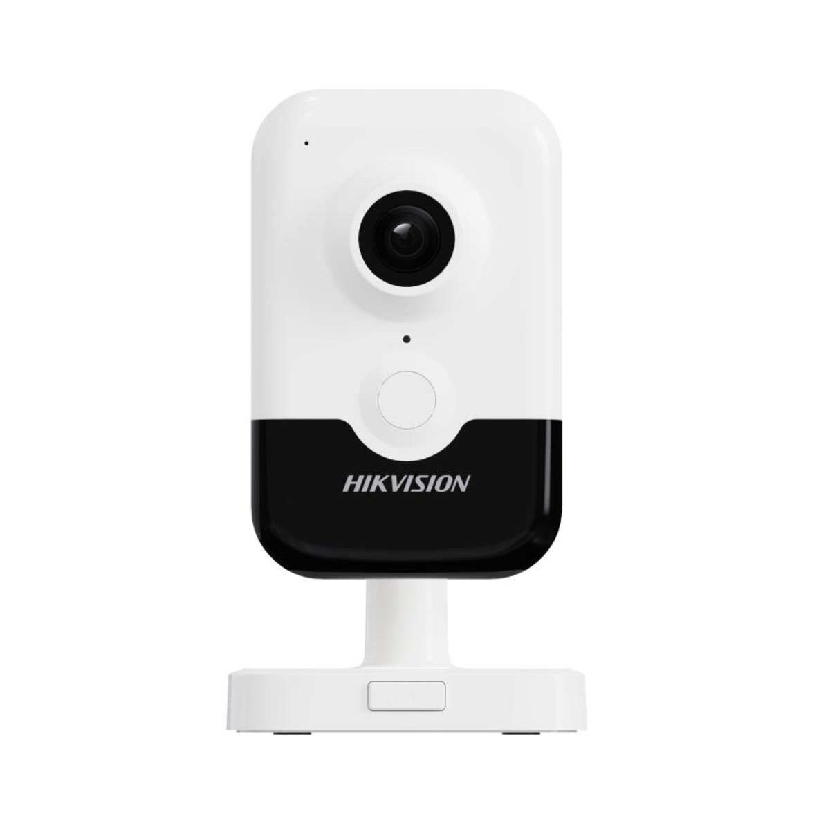 Una telecamera Hikvision bianca e nera con obiettivo e supporto.