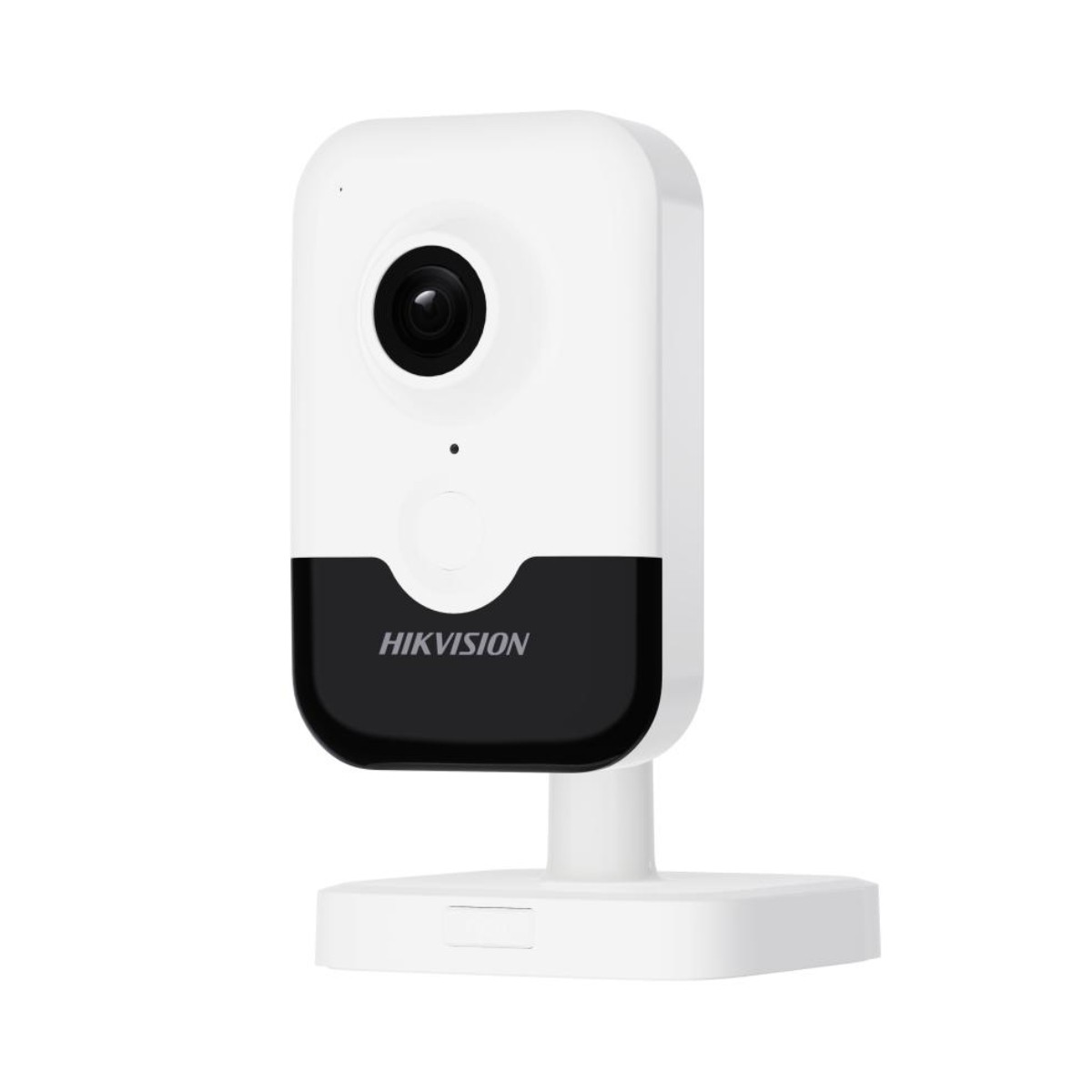 Una telecamera Hikvision bianca con base nera su sfondo bianco.