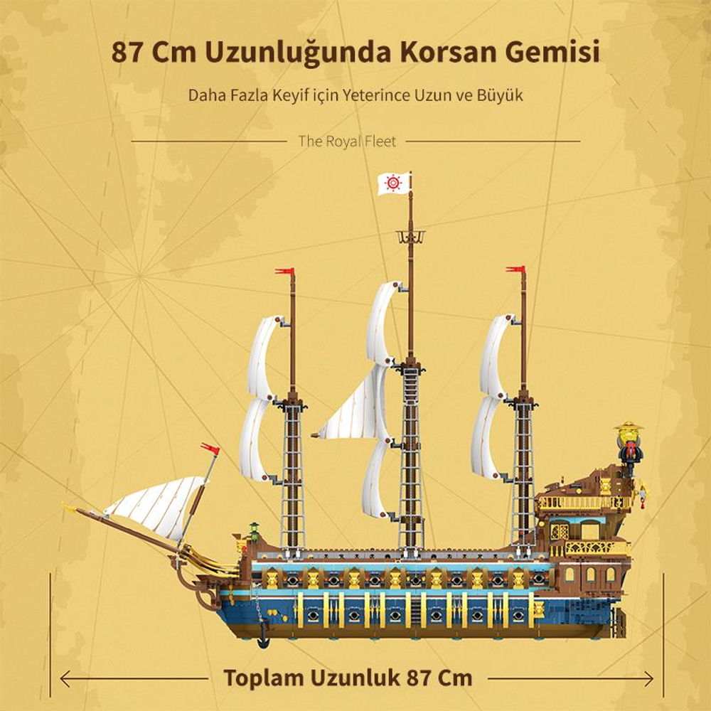 Yelkenleri ve bayrakları olan 87 cm'lik detaylı korsan gemisi modeli.