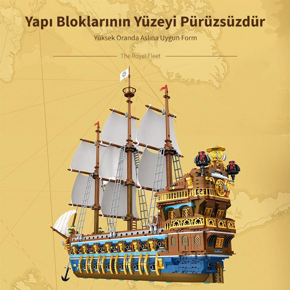 Beyaz yelkenli ve mavi su hattına sahip kahverengi yelkenli geminin detaylı modeli.