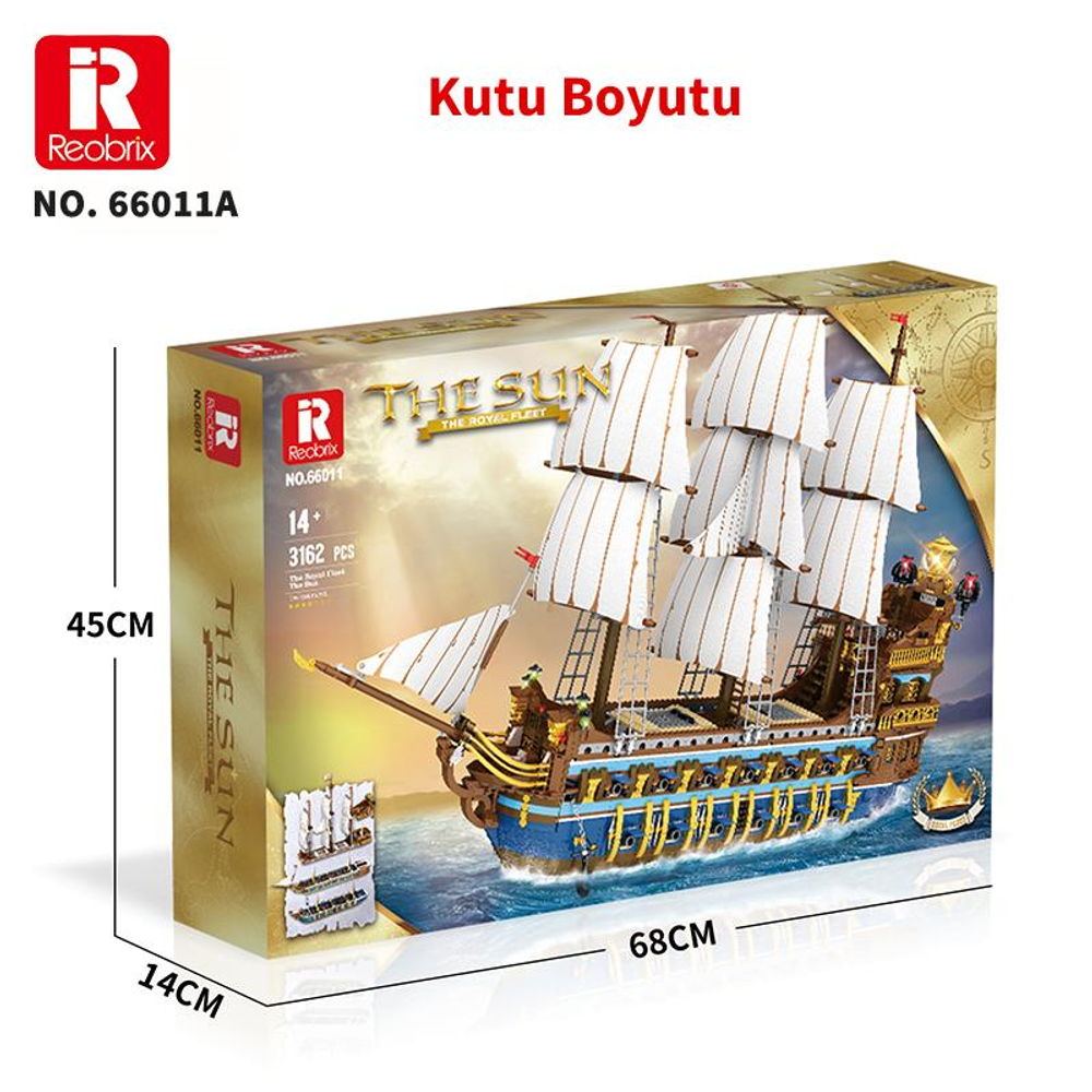 Reobrix model kiti ambalajı: Beyaz yelkenli Güneş gemisi mavi su üzerinde.