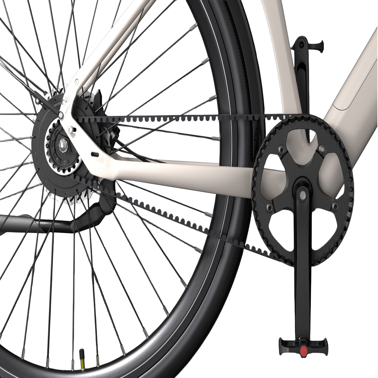 Primer plano de la transmisión de correa de una bicicleta, con plato y buje trasero.