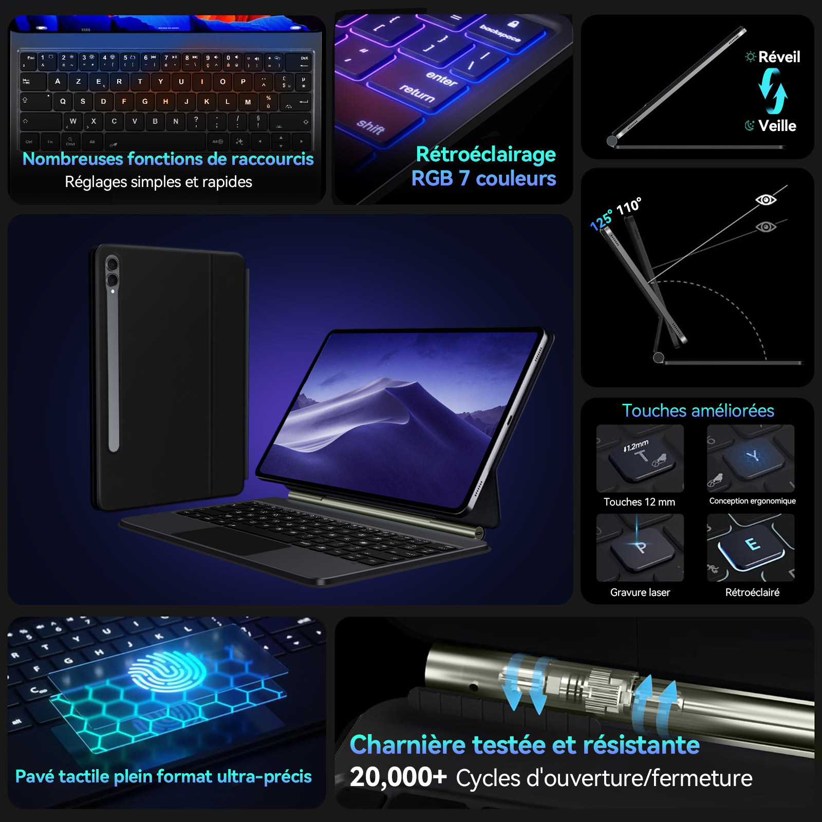 Ein Tablet mit Tastatur und Ständer, beleuchtete Tasten, Fingerabdrucksensor und Scharnier.