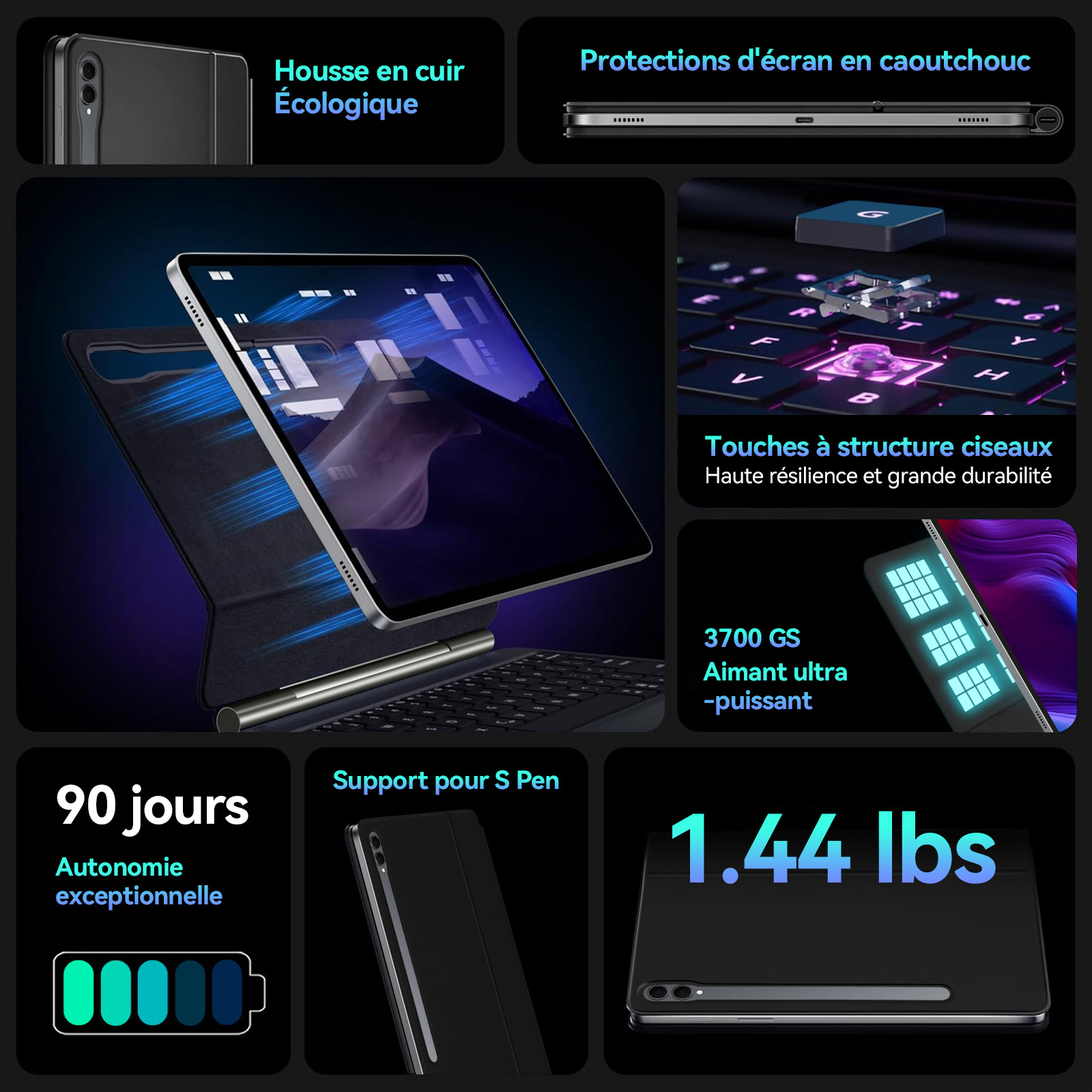 Produktübersicht: Lederhülle, Displayschutz, Tastatur, Akkulaufzeit & Gewicht.