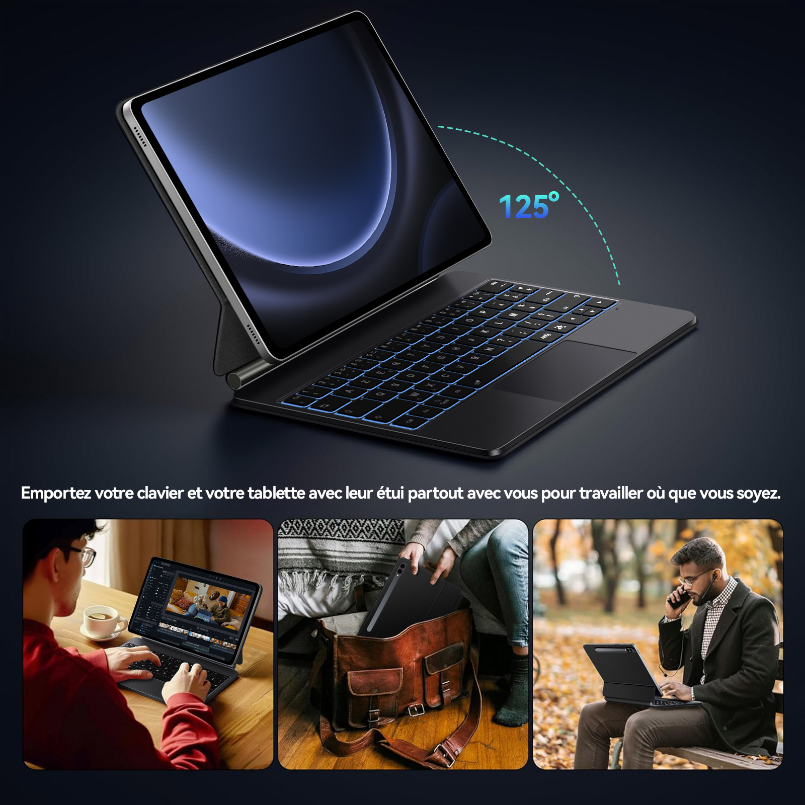 Ein Tablet mit Tastatur im 125°-Winkel, drei Szenarien: Bearbeitung, Transport, Nutzung im Freien.
