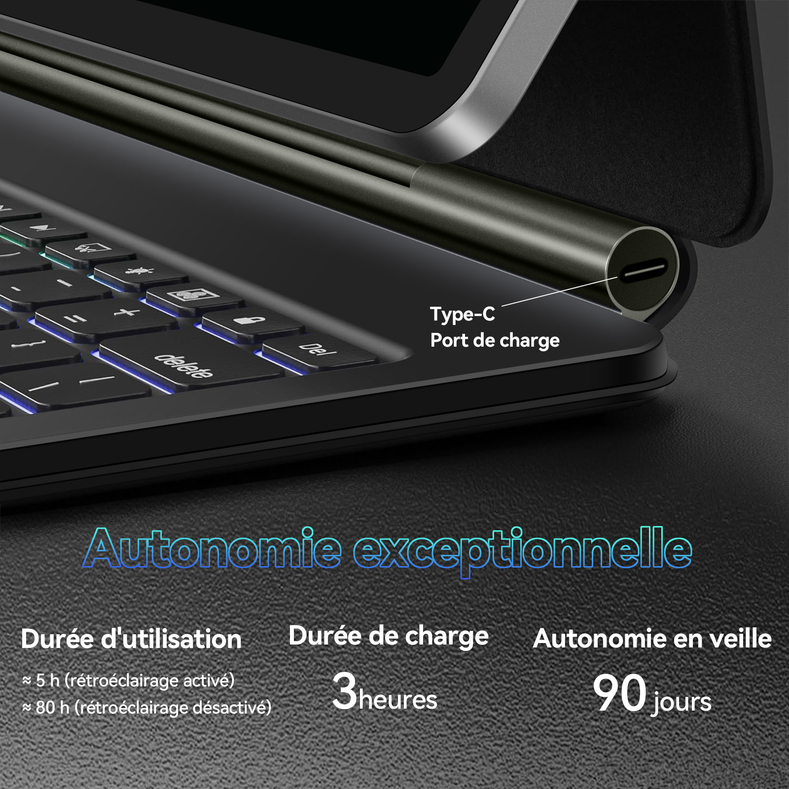 Tastatur mit beleuchteten Tasten und USB-C-Ladeanschluss. Lange Akkulaufzeit.