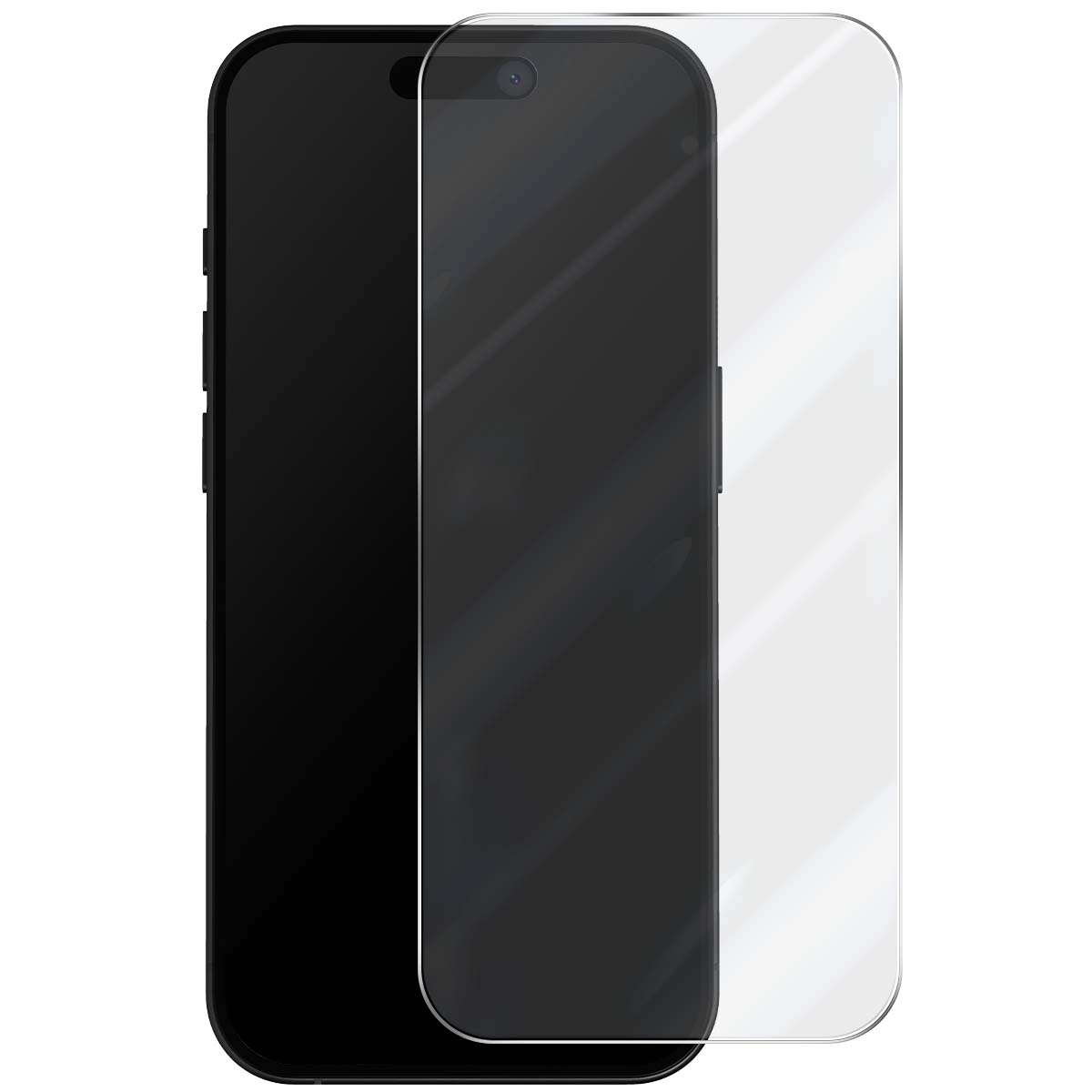 Uno smartphone nero accanto a una protezione per schermo trasparente.