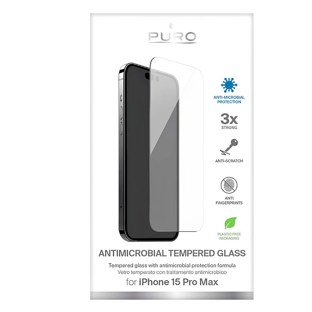 Confezione in vetro temperato antibatterico Puro per iPhone 15 Pro Max.