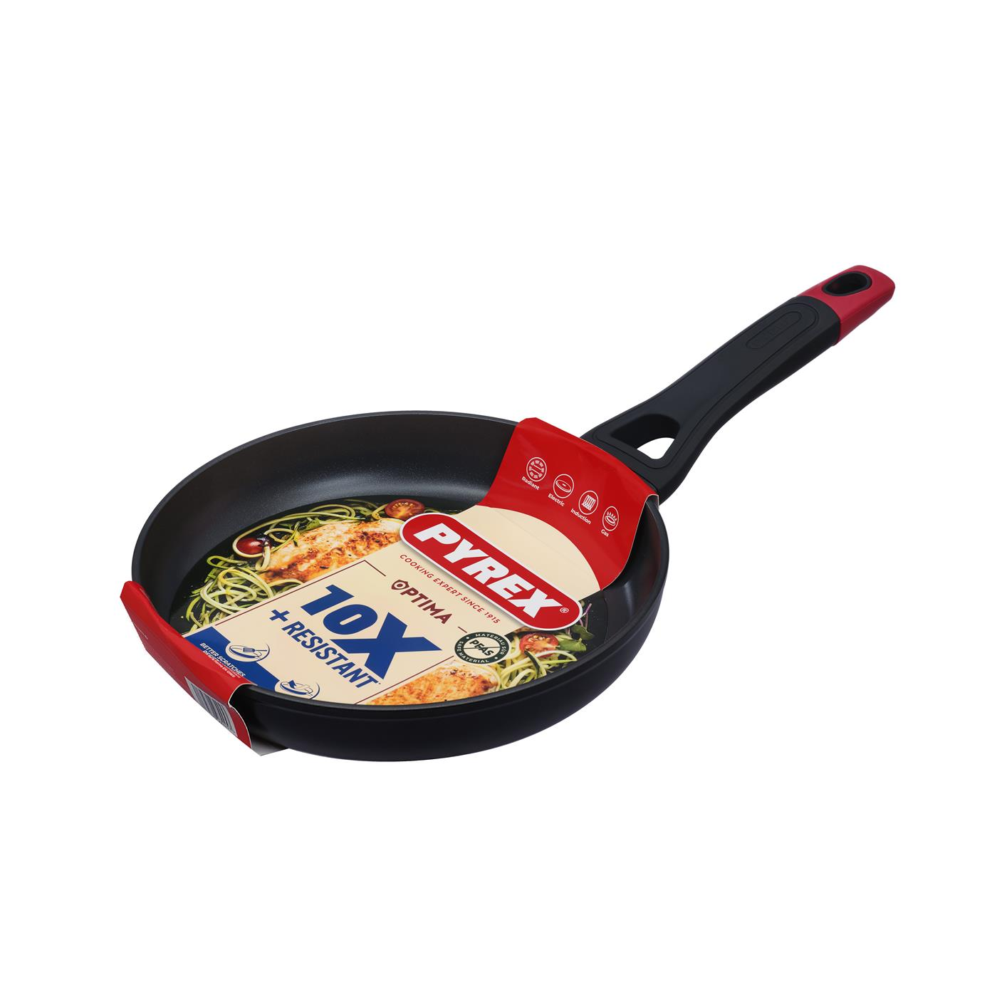 Poêle Pyrex avec manche noir et motif alimentaire sur l'étiquette.