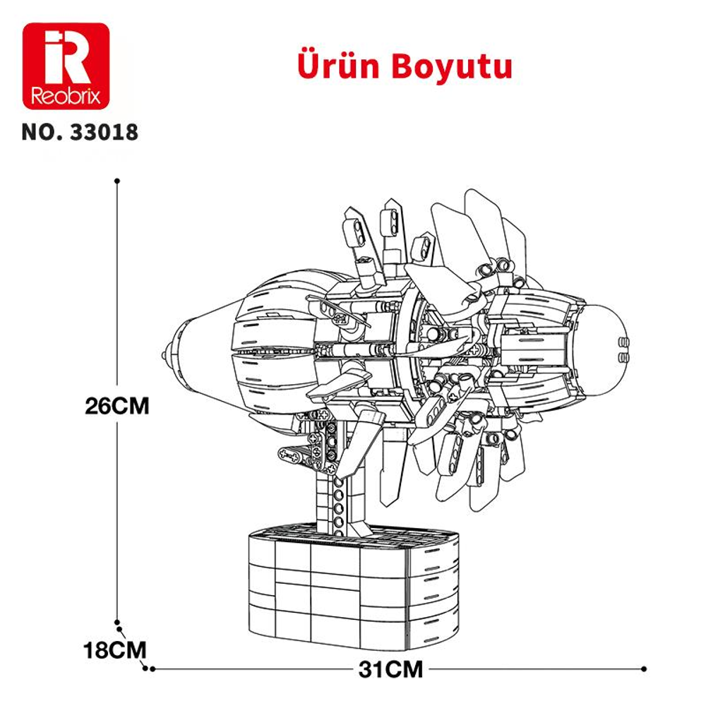 Oyuncak modelinin teknik çizimi, ölçüler: 26cm yükseklik, 18cm genişlik, 31cm uzunluk.