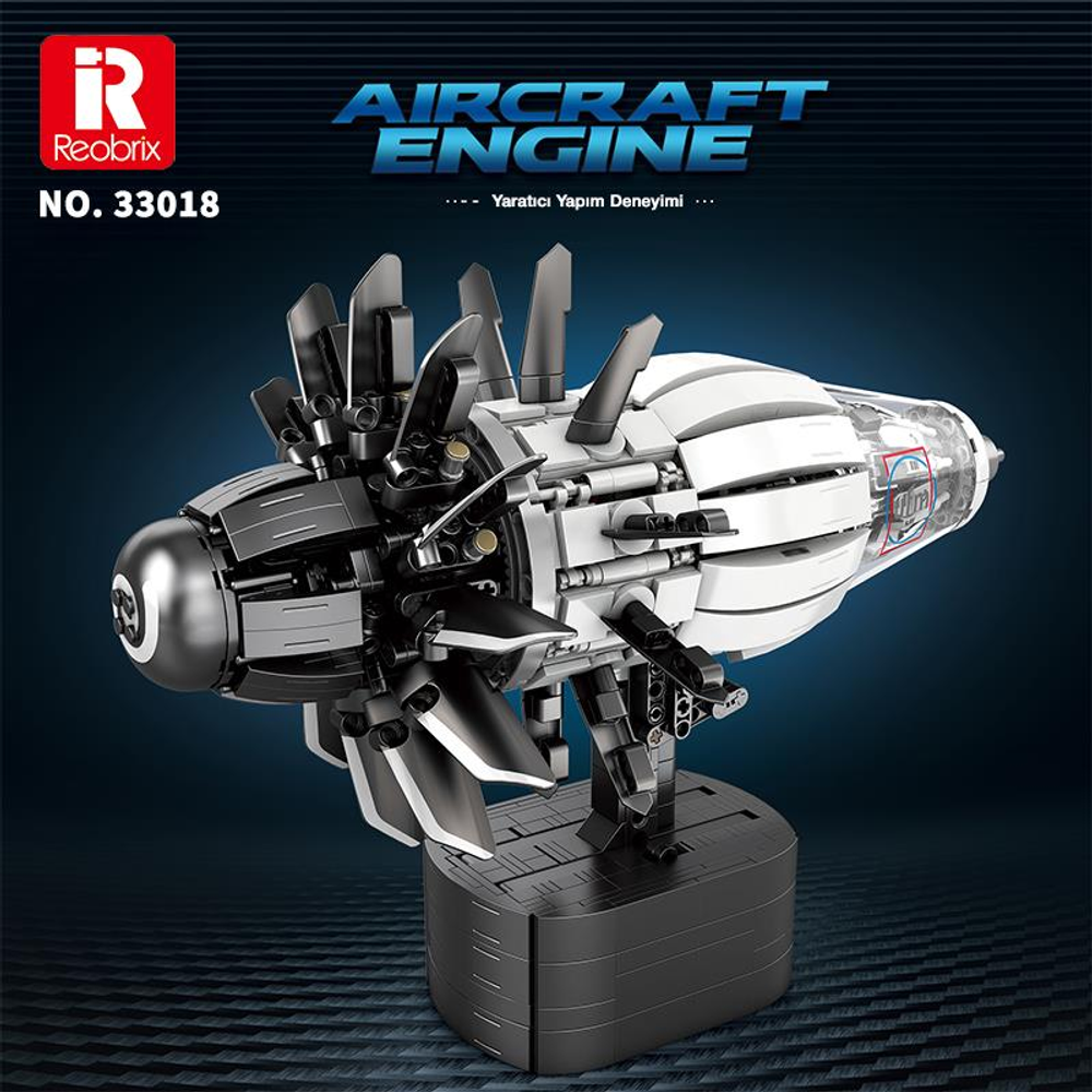 Siyah ve beyaz yapı taşlarından yapılmış detaylı bir uçak motoru modeli.