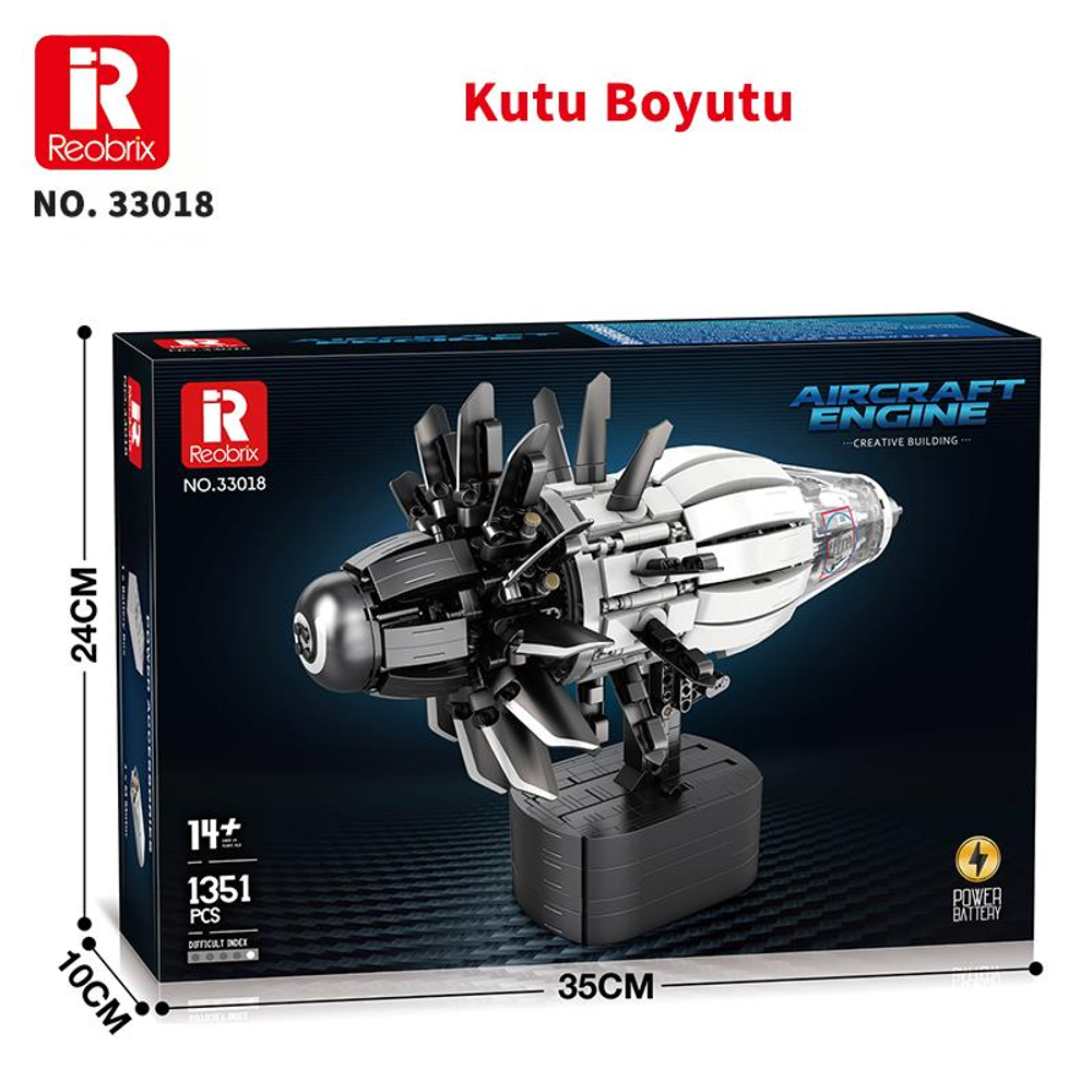 Reobrix uçak motoru yapım seti kutusu boyutları ile gösterilmiştir.