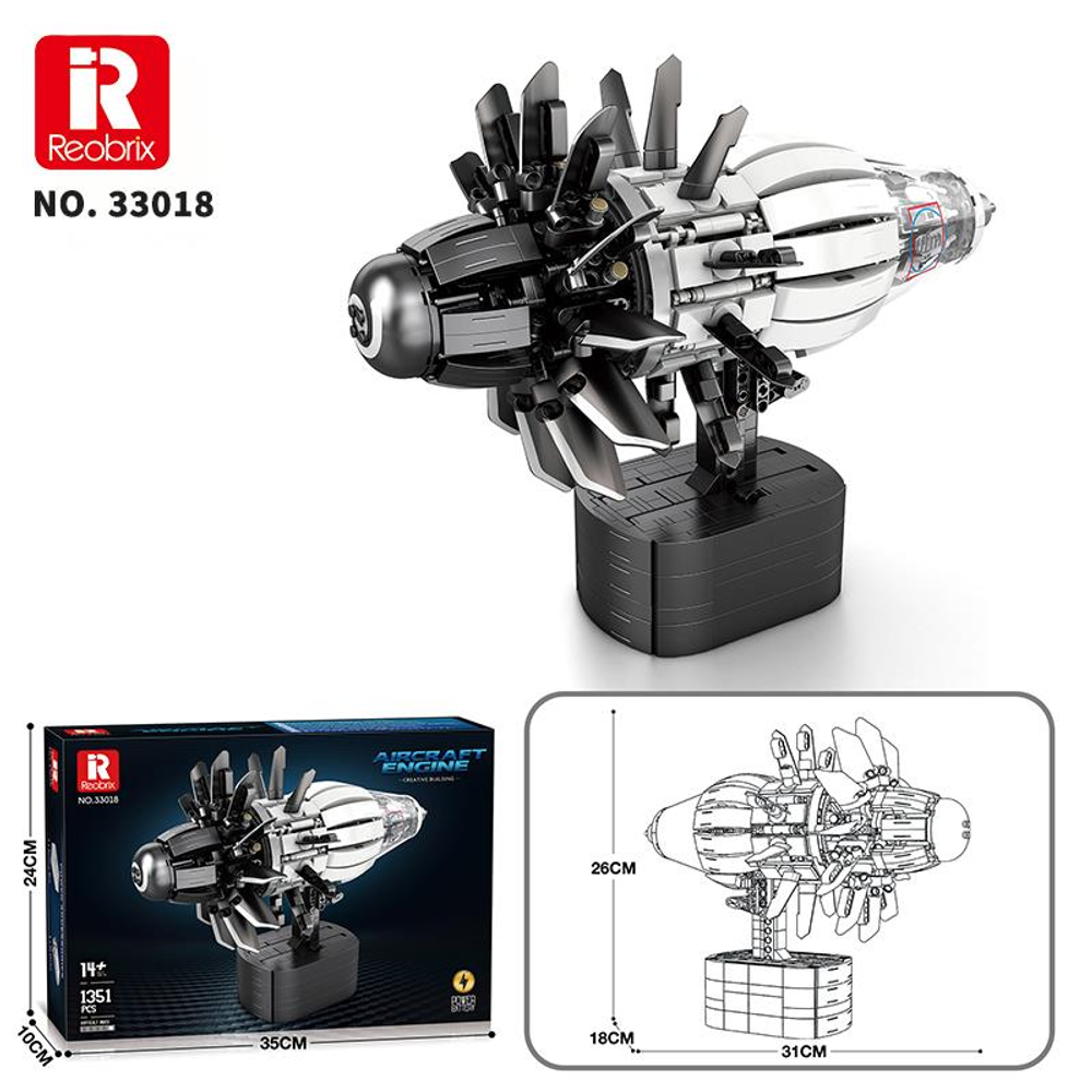 Bir uçak motorunun detaylı modeli, stand üzerinde, kutusu ve boyutlarıyla gösterilmiştir.