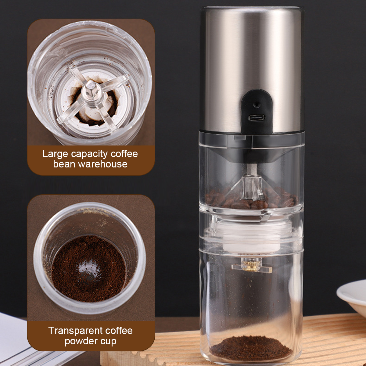 Elektrische Kaffeemühle aus Edelstahl und transparentem Kunststoff mit Bohnen und Pulver.