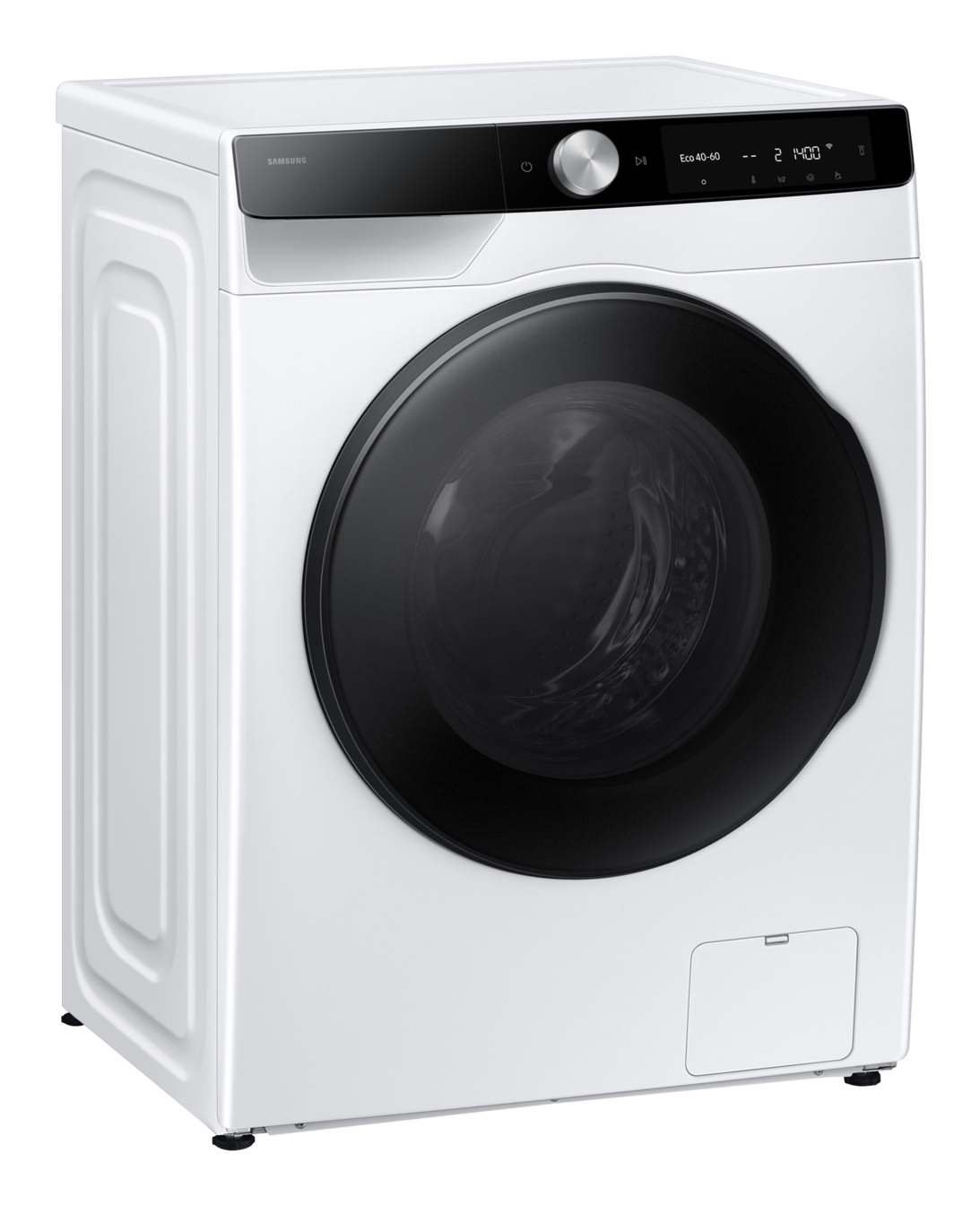 Machine à laver Samsung blanche avec porte et panneau de commande noirs.