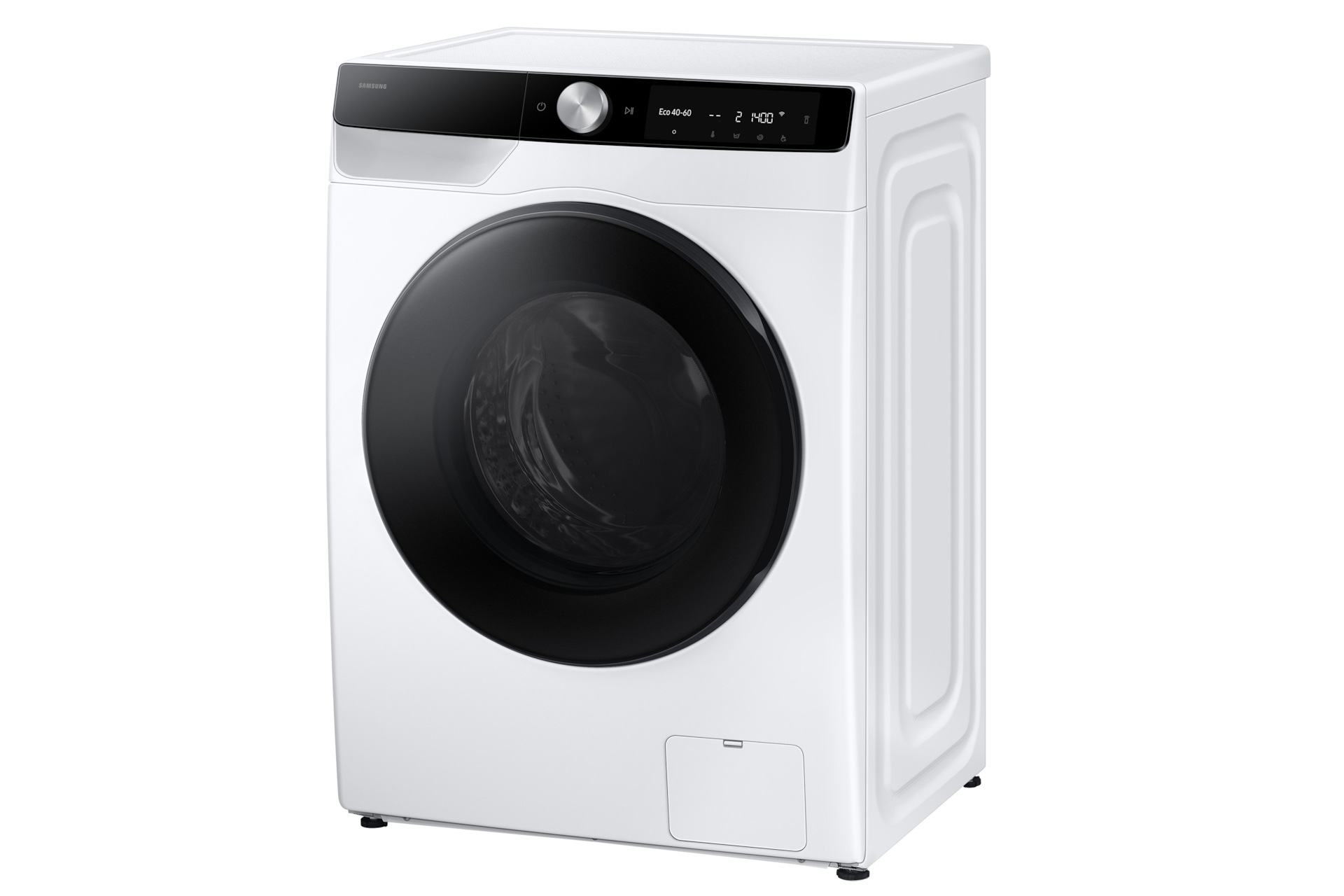 Une machine à laver Samsung blanche avec porte et panneau de contrôle noirs.