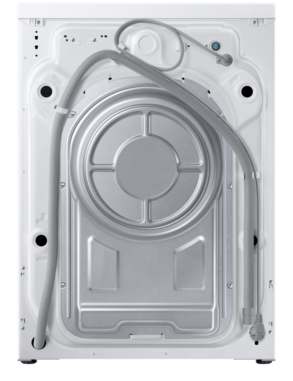 Arrière d'une machine à laver blanche avec tuyaux et couvercle métallique.