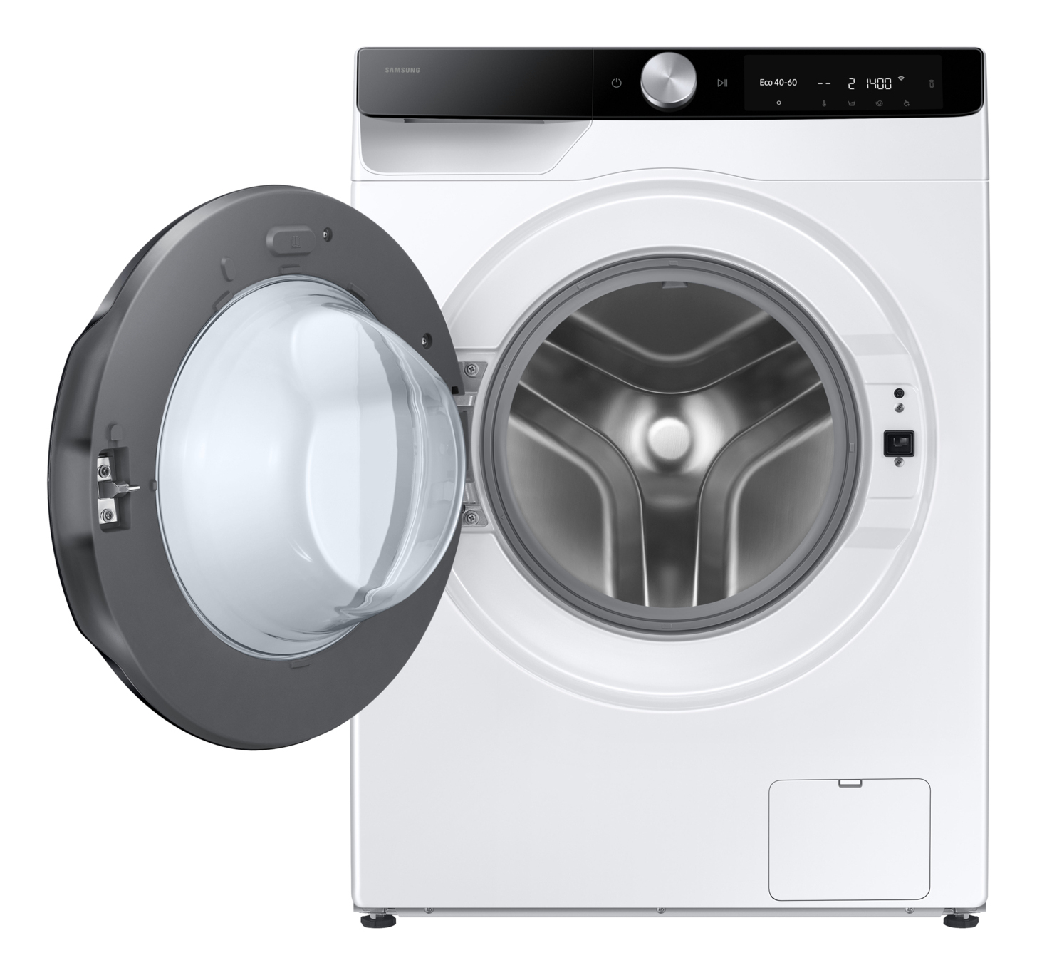 Une machine à laver Samsung blanche, porte grise ouverte, panneau de commande argenté.
