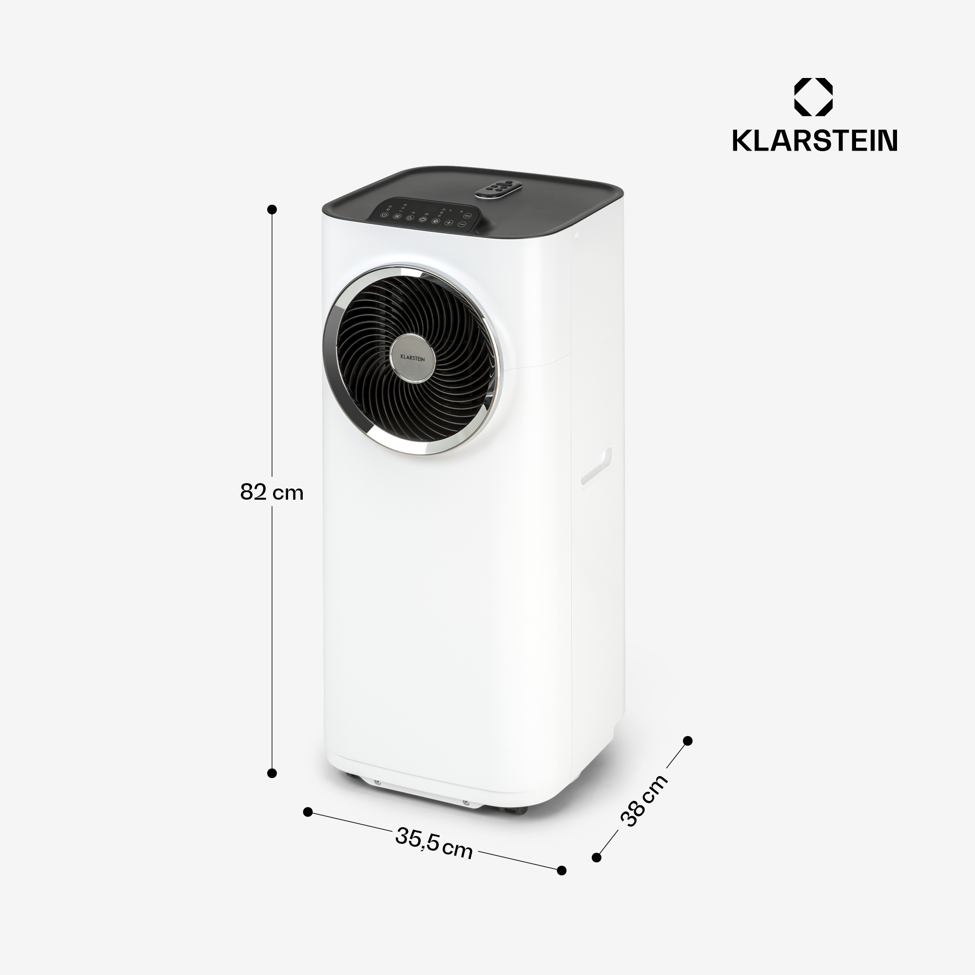 Un aire acondicionado blanco Klarstein, alto 82cm, ancho 38cm, fondo 35,5cm.