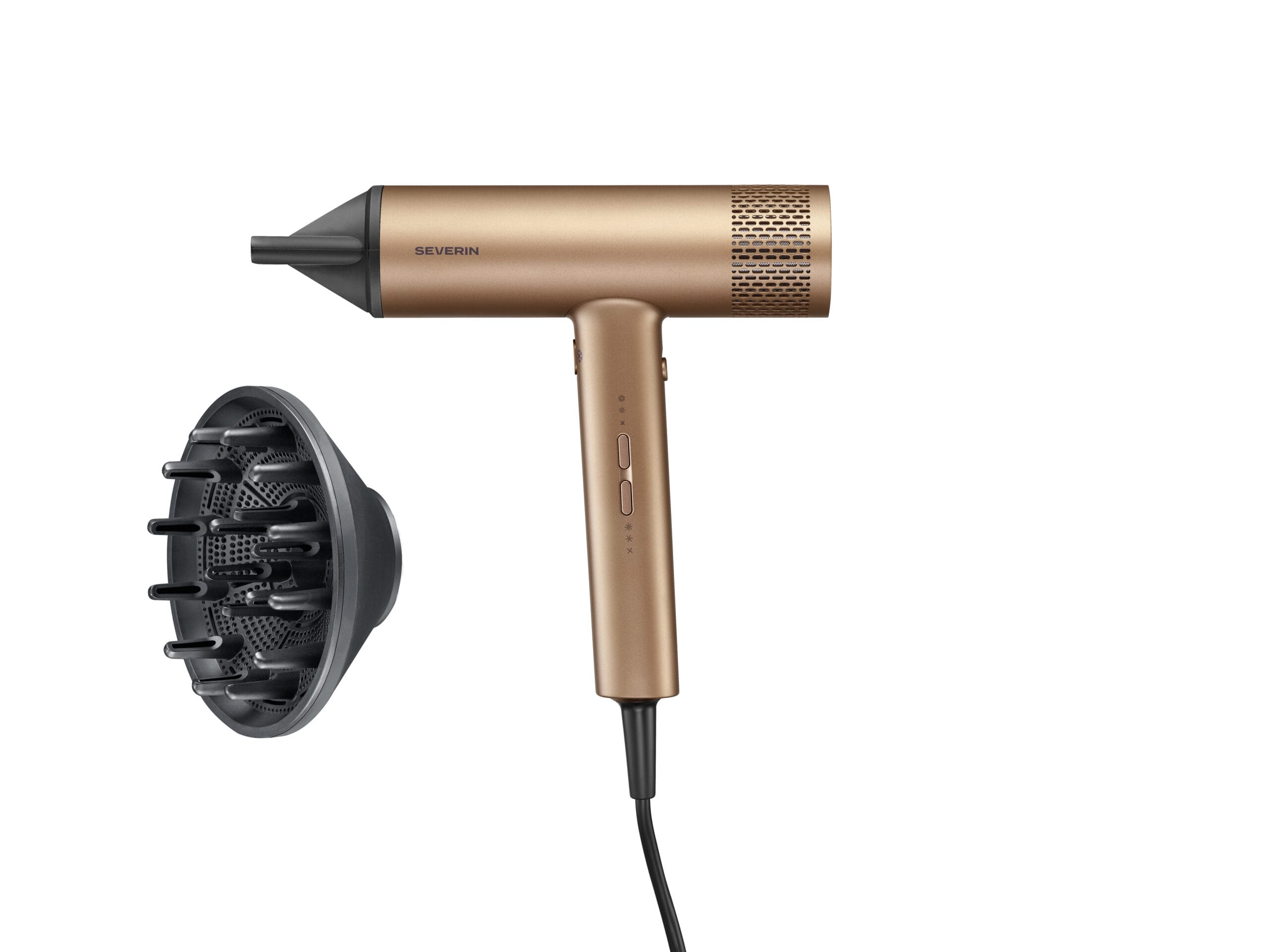 Ein bronzefarbener Haartrockner mit Diffusor und schwarzem Kabel.