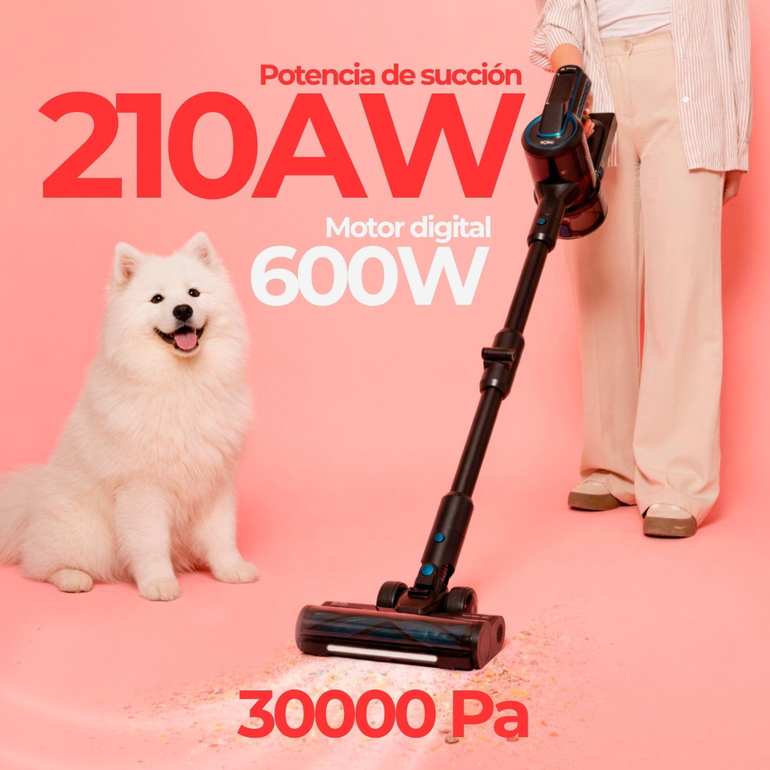 Un perro blanco se sienta junto a una aspiradora que succiona polvo.