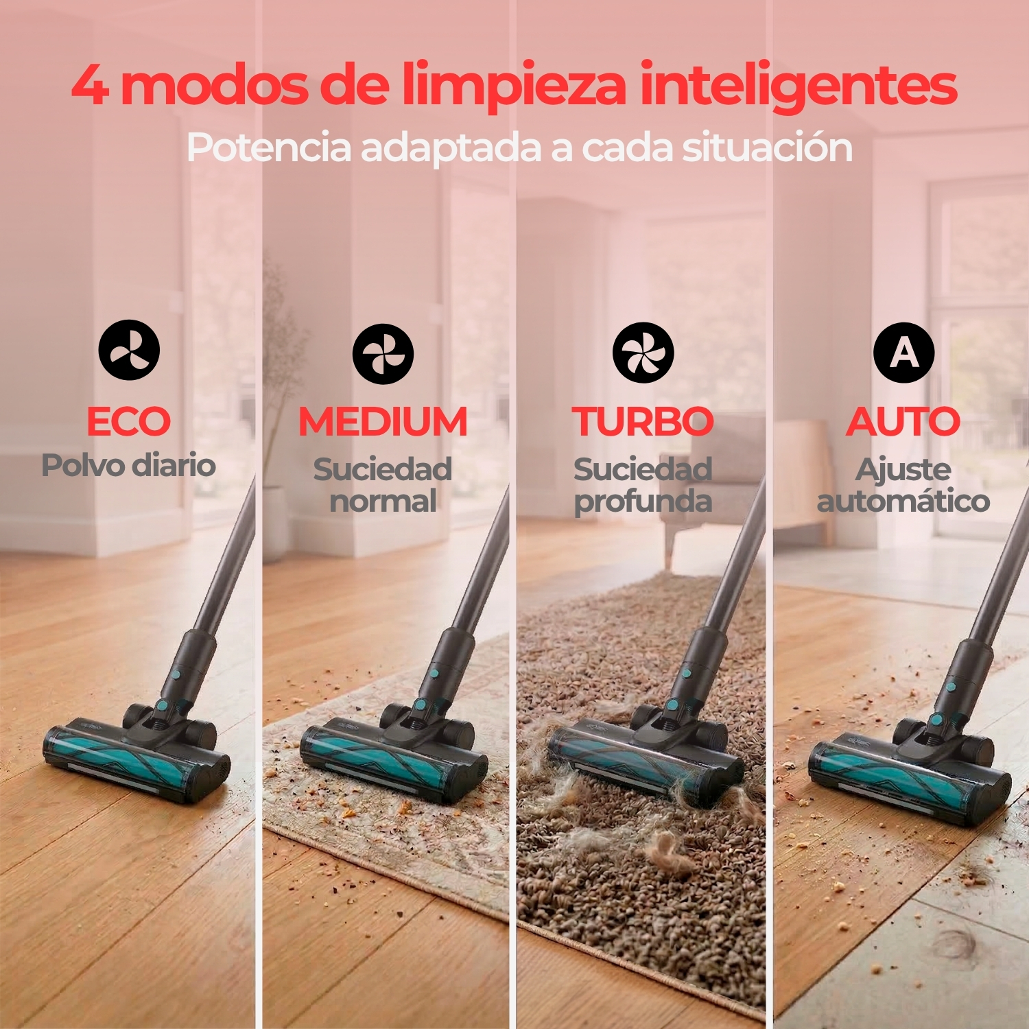 Cuatro modos de limpieza inteligentes: ECO, MEDIUM, TURBO, AUTO. Aspiradora en distintas superficies.