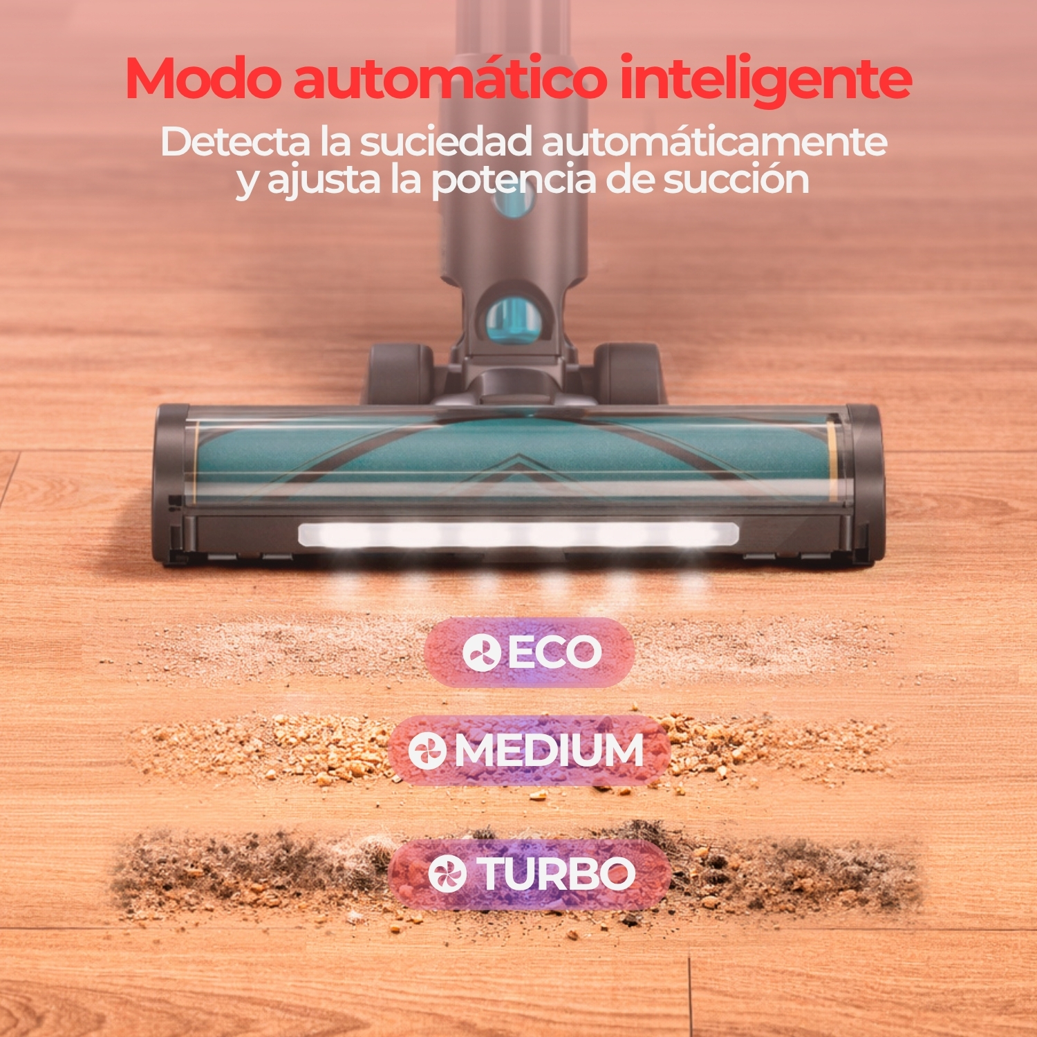 Cabezal de aspiradora limpia suelo. Modos: ECO, MEDIUM, TURBO.