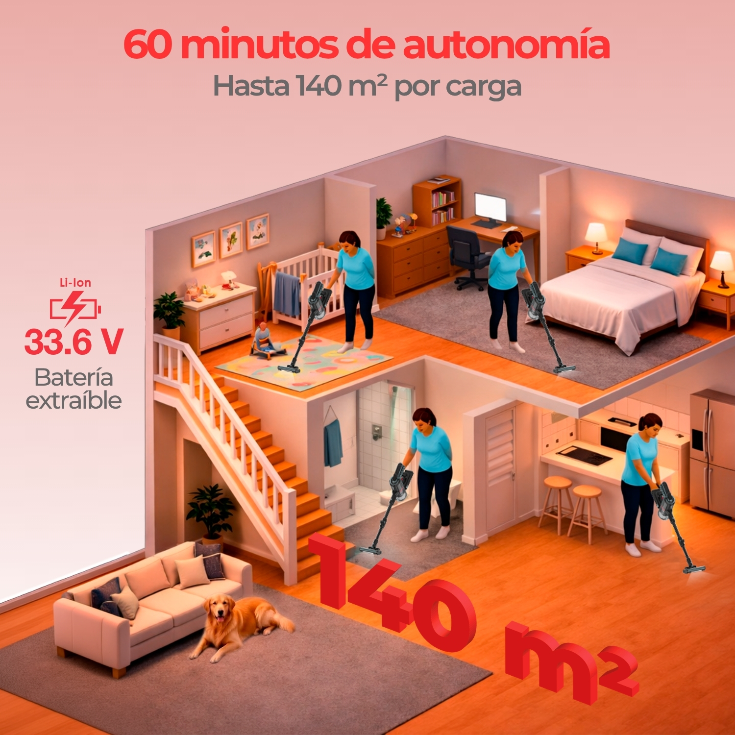 Casa con habitaciones donde mujeres aspiran. Perro en sofá.