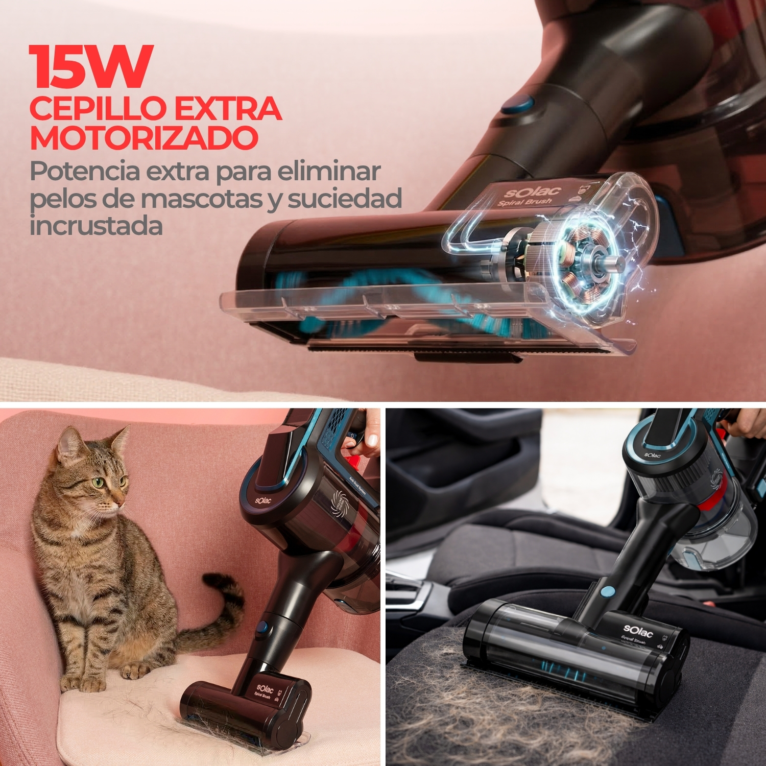 Una aspiradora con cabezal de cepillo en un asiento de coche y un gato en una silla.