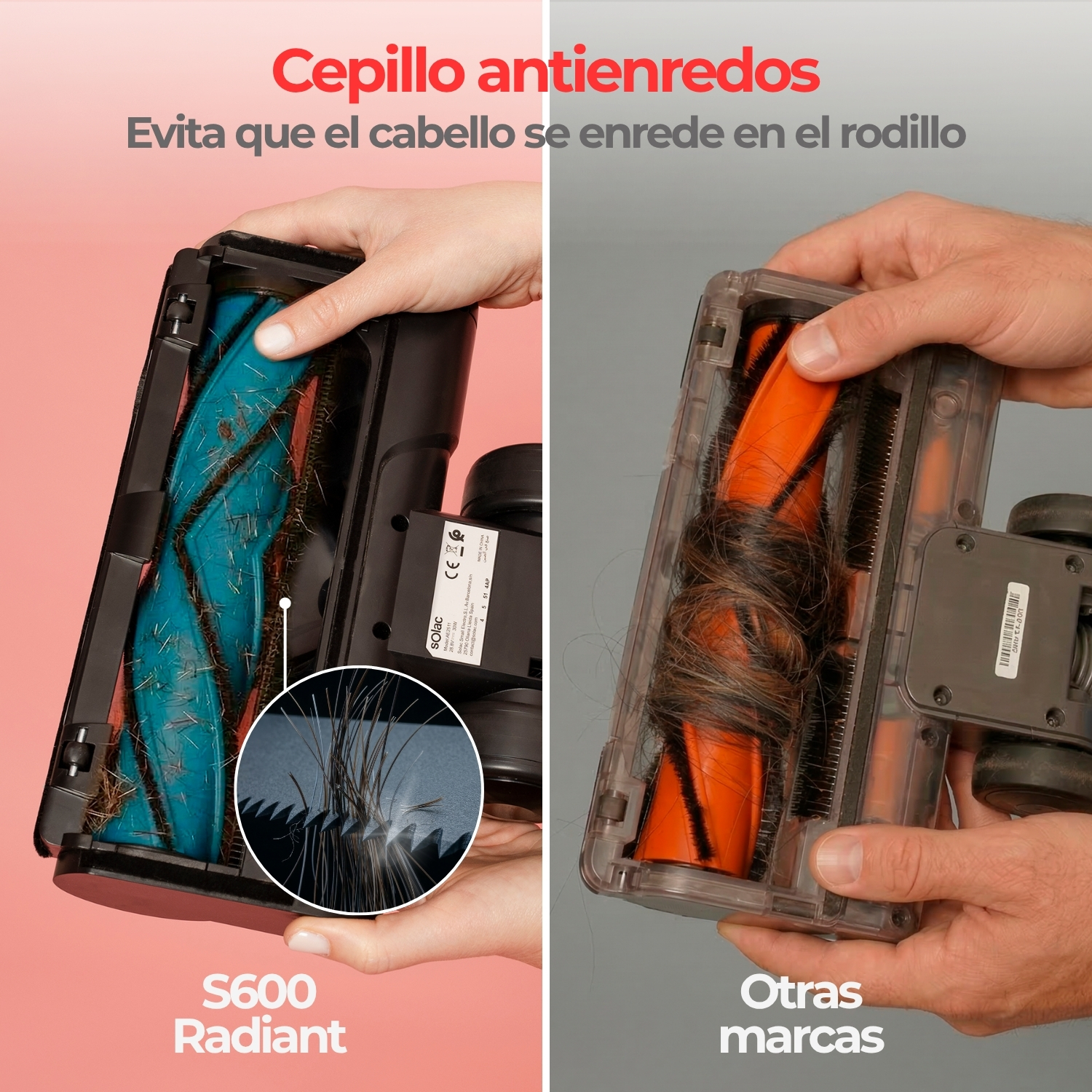 Derecha: Pelo en cepillo de otra marca. Izquierda: Cepillo S600 Radiant.